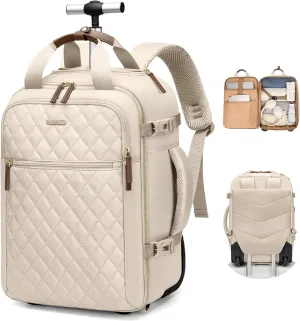 Rolling Backpack for Women,Travel Laptop Backpack with Wheels Roller Personal Item Backpack Wheeled Underseat Carry On Luggage,Fit 17Inch,Apricot