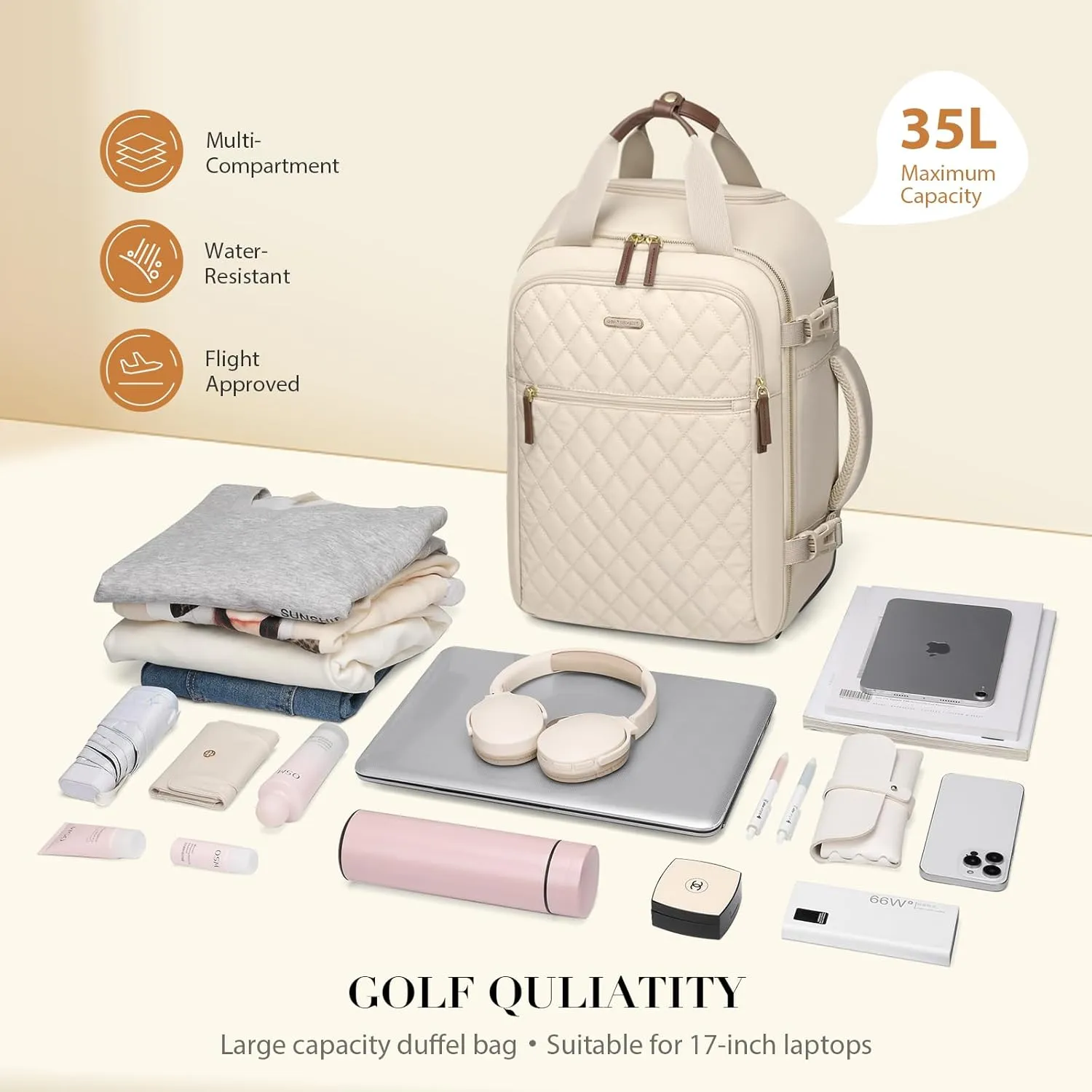 Rolling Backpack for Women,Travel Laptop Backpack with Wheels Roller Personal Item Backpack Wheeled Underseat Carry On Luggage,Fit 17Inch,Apricot