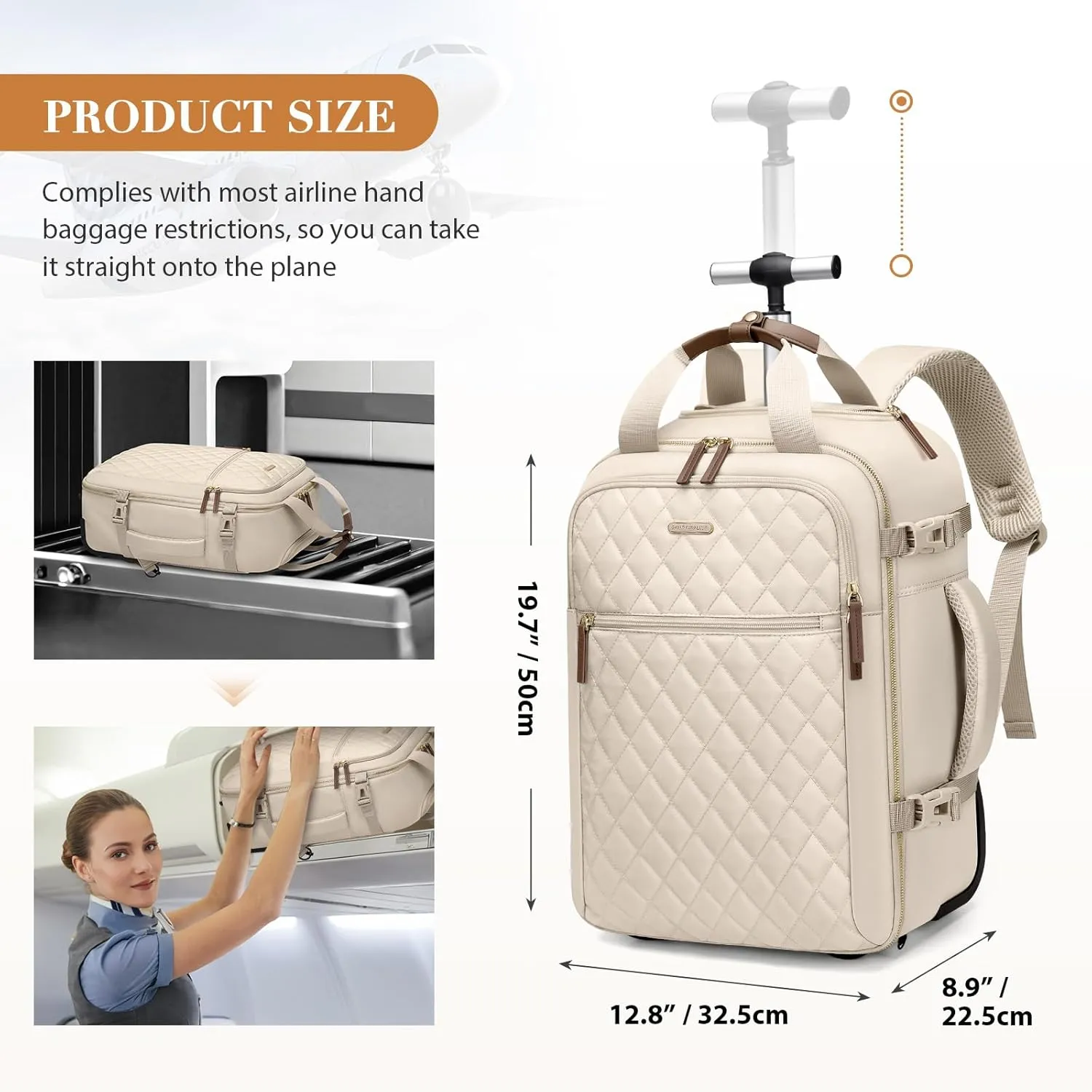 Rolling Backpack for Women,Travel Laptop Backpack with Wheels Roller Personal Item Backpack Wheeled Underseat Carry On Luggage,Fit 17Inch,Apricot