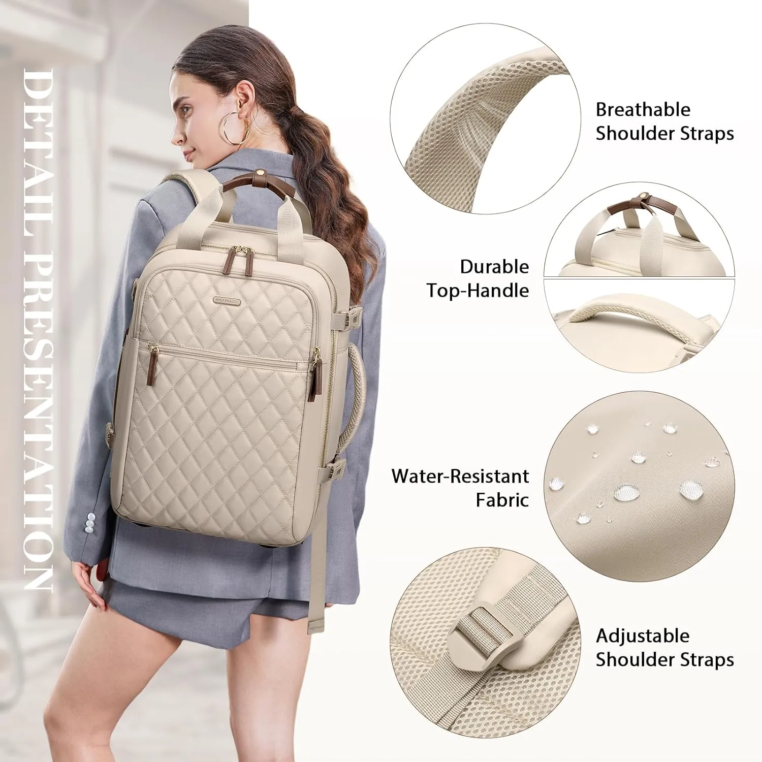 Rolling Backpack for Women,Travel Laptop Backpack with Wheels Roller Personal Item Backpack Wheeled Underseat Carry On Luggage,Fit 17Inch,Apricot