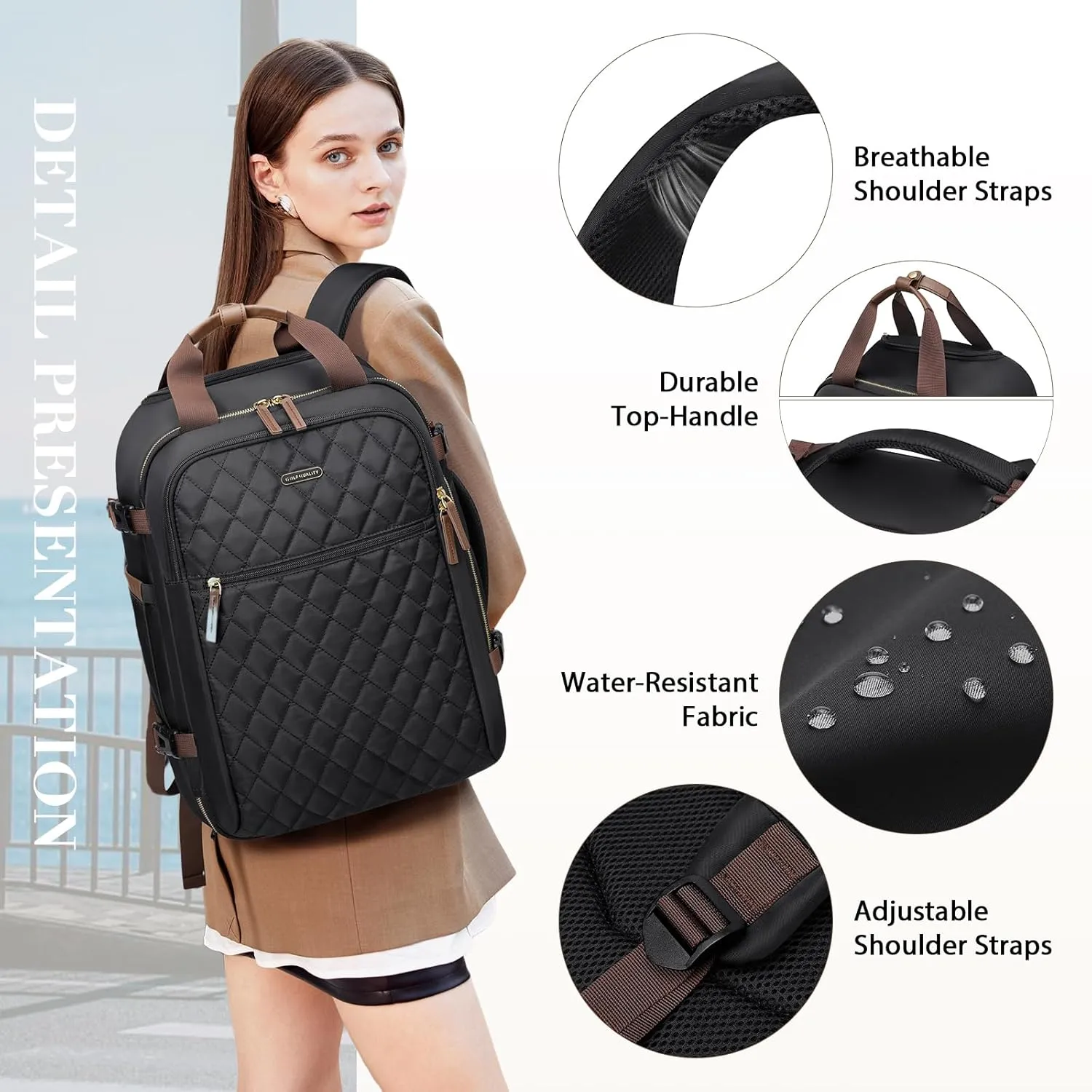 Rolling Backpack for Women,Travel Laptop Backpack with Wheels Roller Personal Item Backpack Wheeled Underseat Carry On Luggage,Fit 17Inch,Black