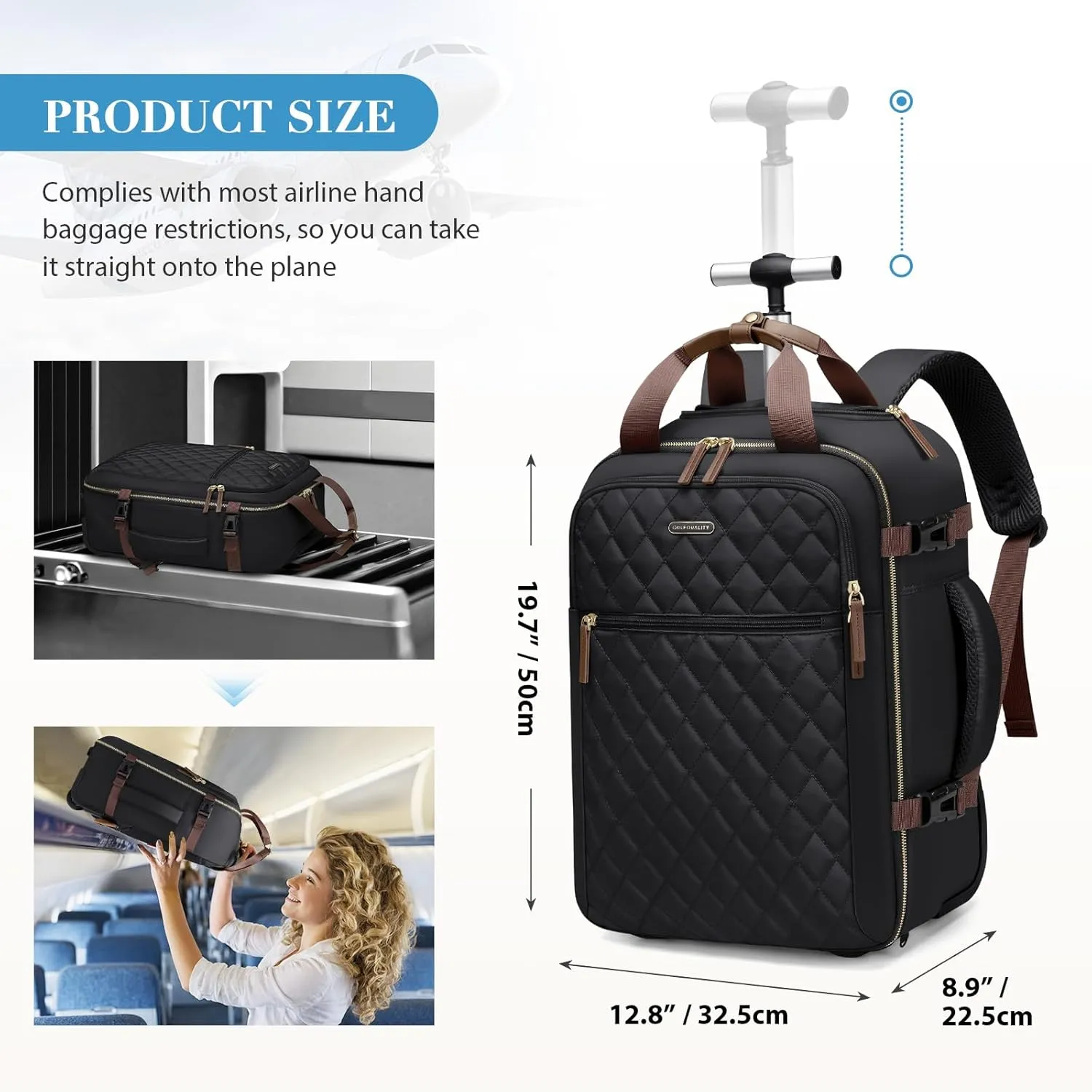 Rolling Backpack for Women,Travel Laptop Backpack with Wheels Roller Personal Item Backpack Wheeled Underseat Carry On Luggage,Fit 17Inch,Black