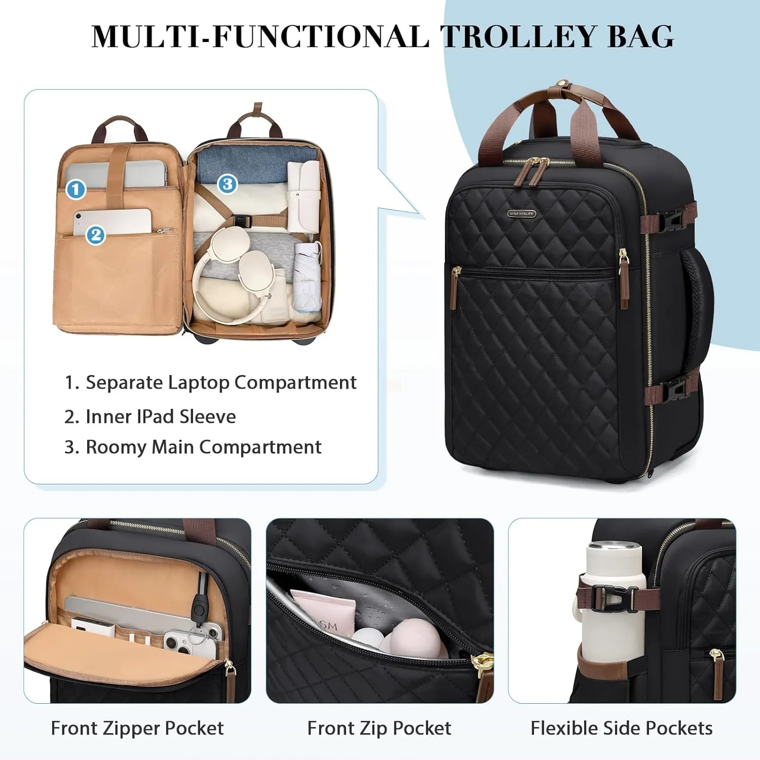 Rolling Backpack for Women,Travel Laptop Backpack with Wheels Roller Personal Item Backpack Wheeled Underseat Carry On Luggage,Fit 17Inch,Black