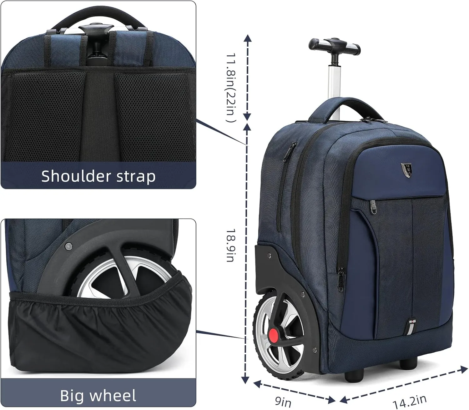 Rolling Backpack, Waterproof Backpack with Wheels for Business, Travel Commuter, Carry on Backpack with Laptop Compartment, Fit 15.6 Inch Laptop, Wheeled Backpack for Adults Women Men (Blue, 20inch)
