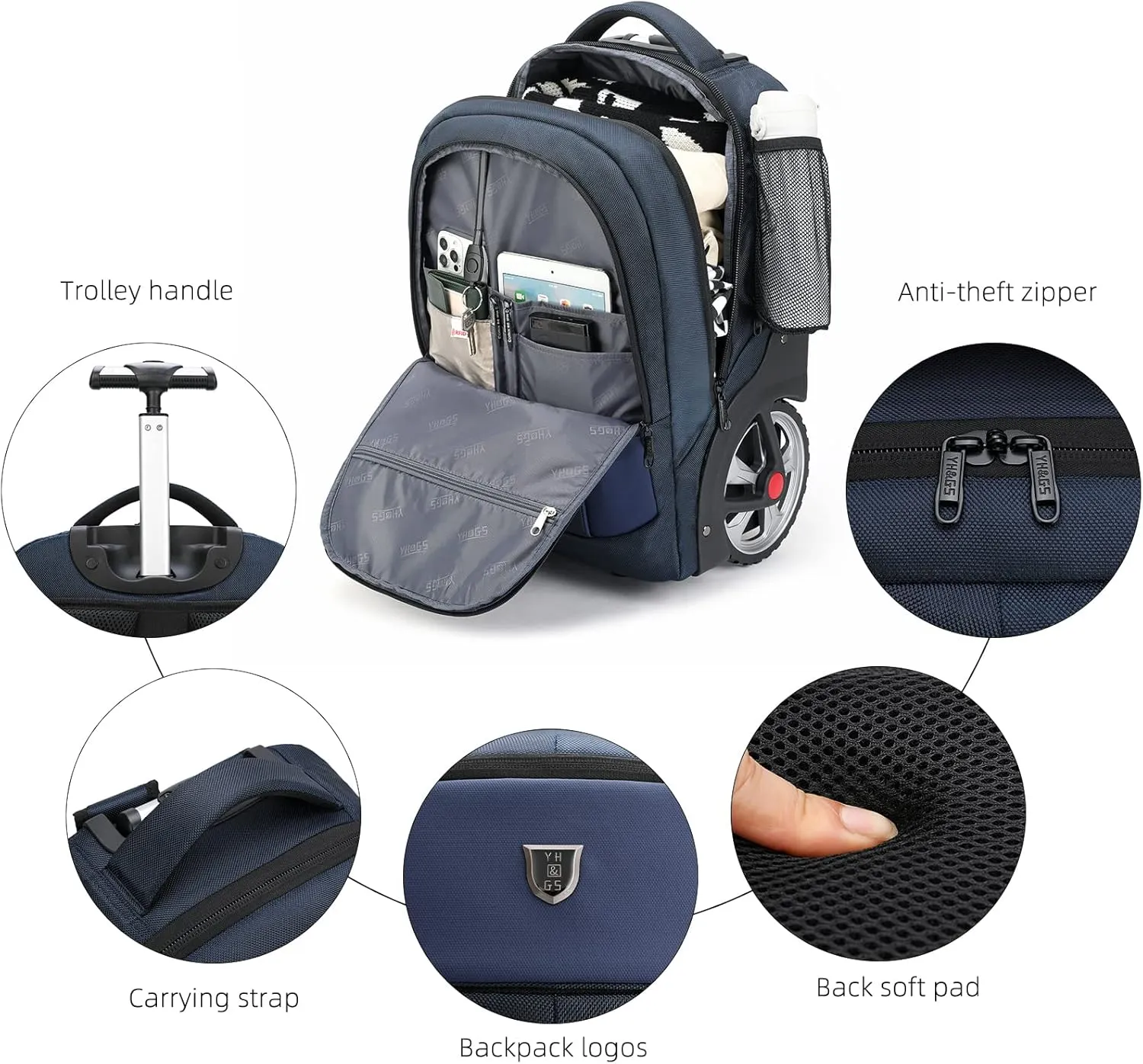 Rolling Backpack, Waterproof Backpack with Wheels for Business, Travel Commuter, Carry on Backpack with Laptop Compartment, Fit 15.6 Inch Laptop, Wheeled Backpack for Adults Women Men (Blue, 20inch)