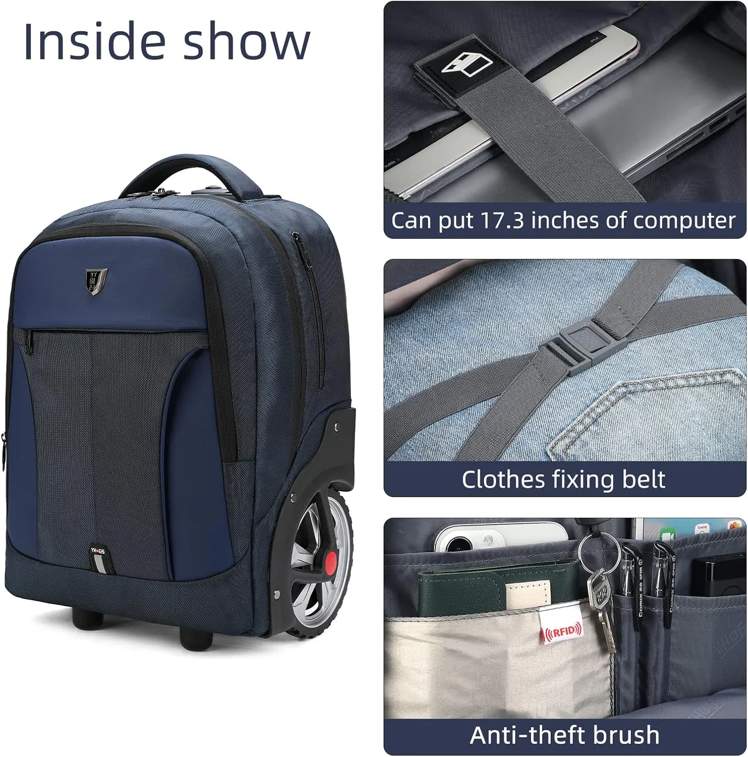 Rolling Backpack, Waterproof Backpack with Wheels for Business, Travel Commuter, Carry on Backpack with Laptop Compartment, Fit 15.6 Inch Laptop, Wheeled Backpack for Adults Women Men (Blue, 20inch)