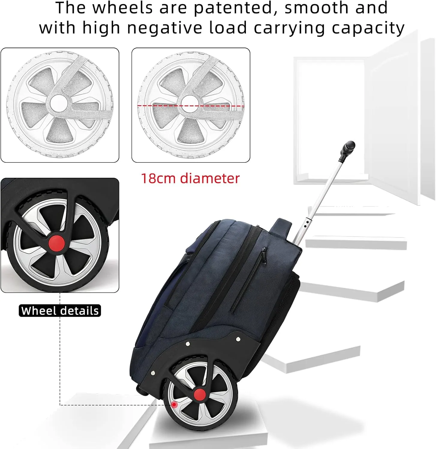 Rolling Backpack, Waterproof Backpack with Wheels for Business, Travel Commuter, Carry on Backpack with Laptop Compartment, Fit 15.6 Inch Laptop, Wheeled Backpack for Adults Women Men (Blue, 20inch)