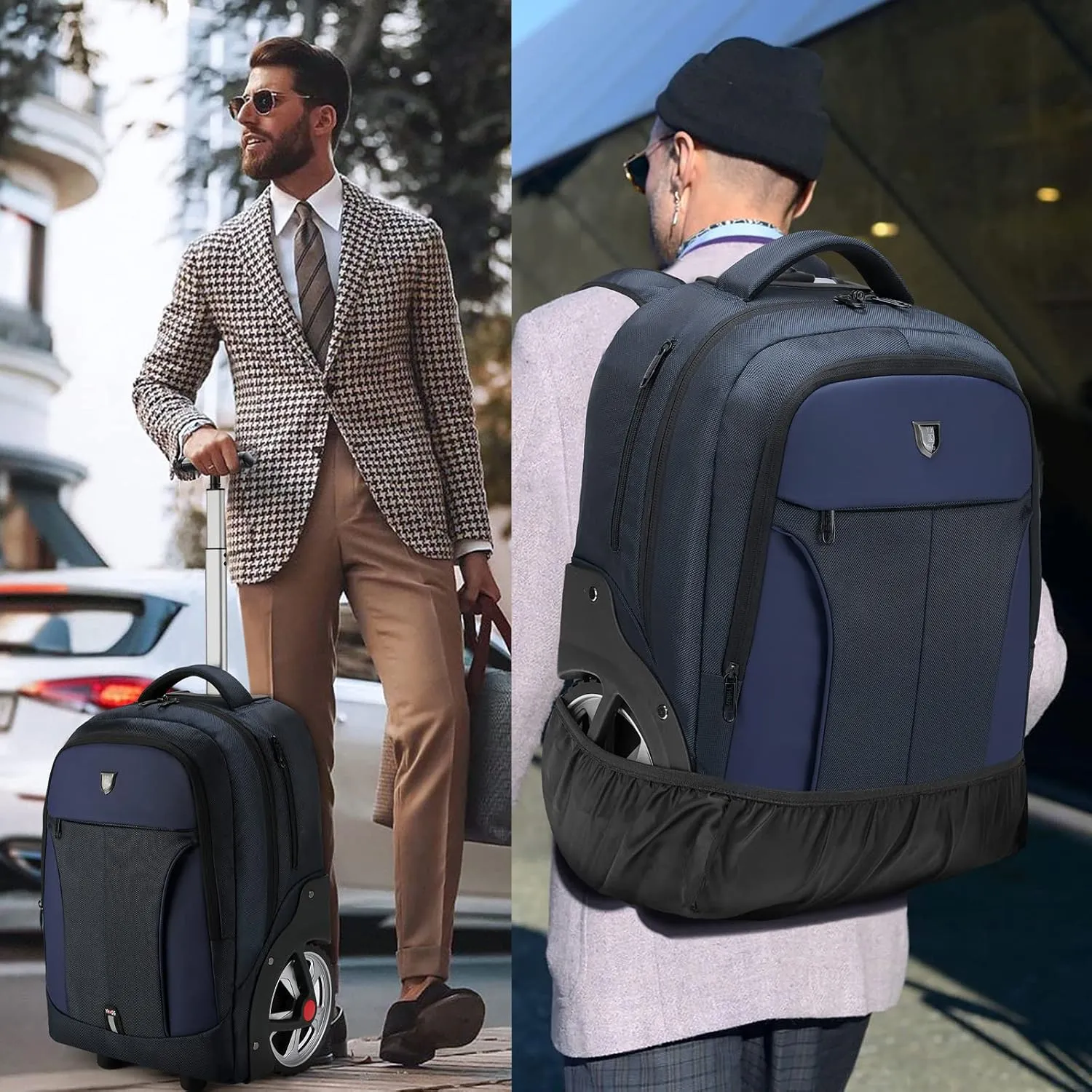Rolling Backpack, Waterproof Backpack with Wheels for Business, Travel Commuter, Carry on Backpack with Laptop Compartment, Fit 15.6 Inch Laptop, Wheeled Backpack for Adults Women Men (Blue, 20inch)