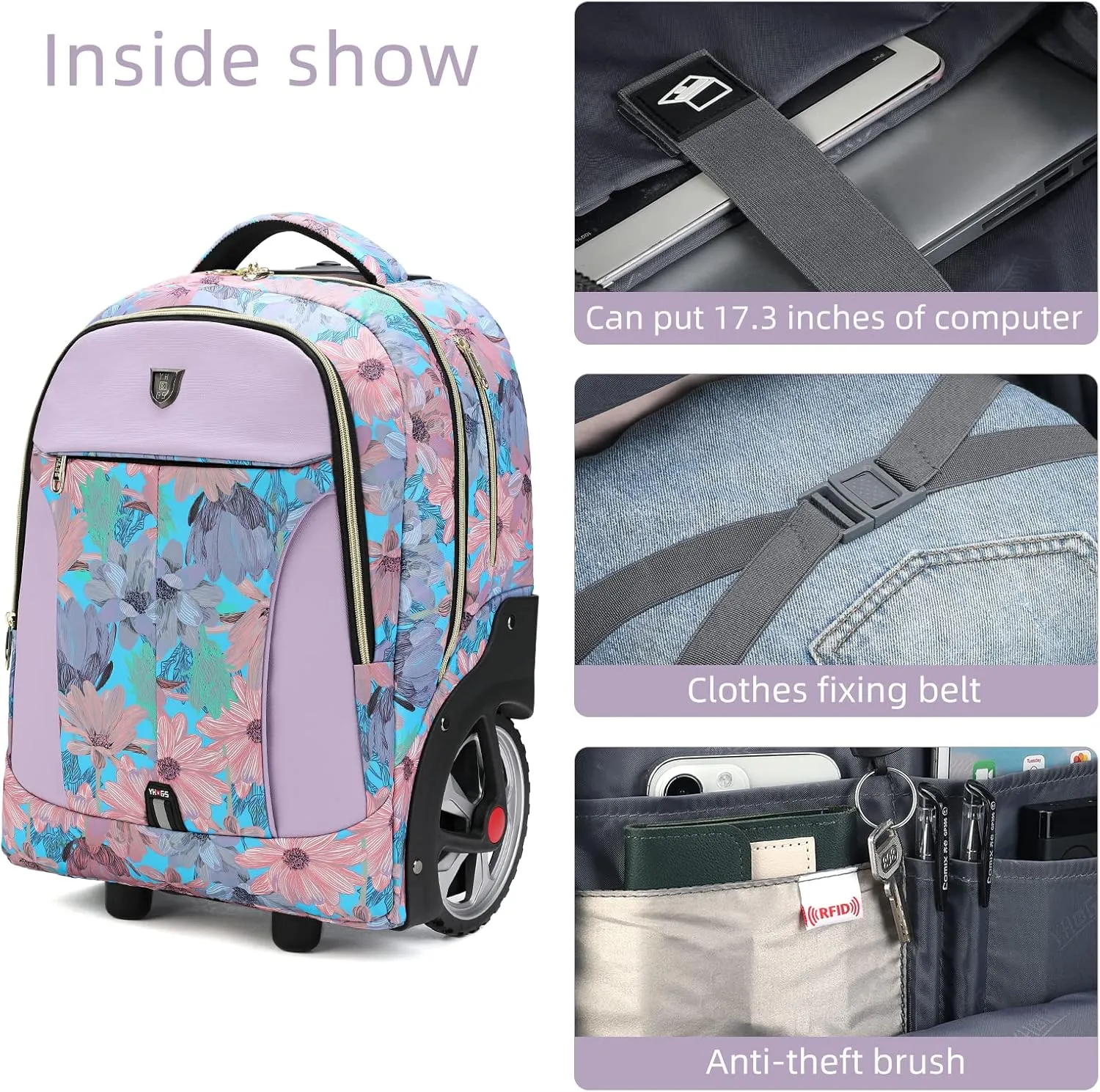 Rolling Backpack, Waterproof Backpack with Wheels for Business, Travel Commuter, Carry on Backpack with Laptop Compartment, Fit 15.6 Inch Laptop, Wheeled Backpack for Adults Women Men (Pink, 20inch)