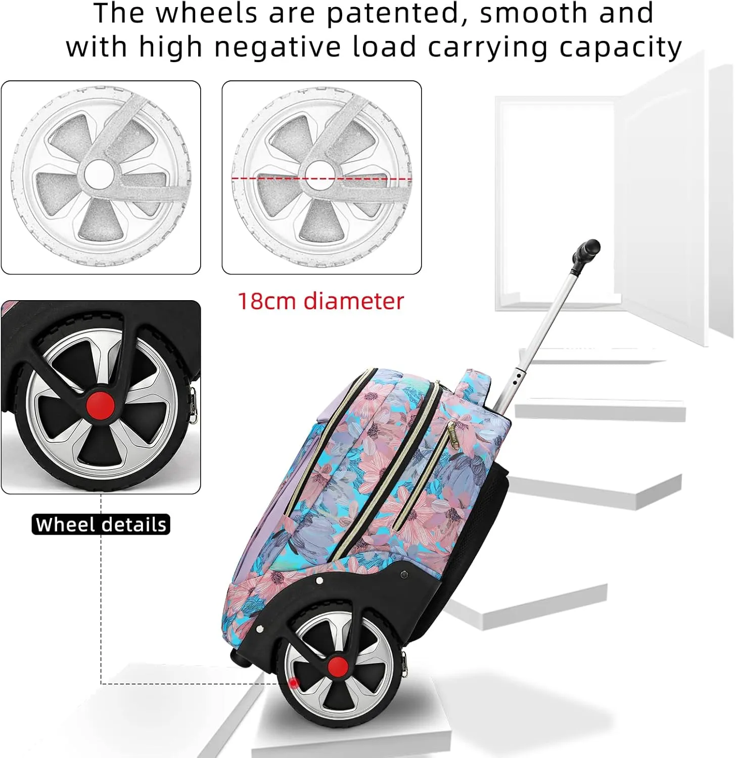 Rolling Backpack, Waterproof Backpack with Wheels for Business, Travel Commuter, Carry on Backpack with Laptop Compartment, Fit 15.6 Inch Laptop, Wheeled Backpack for Adults Women Men (Pink, 20inch)