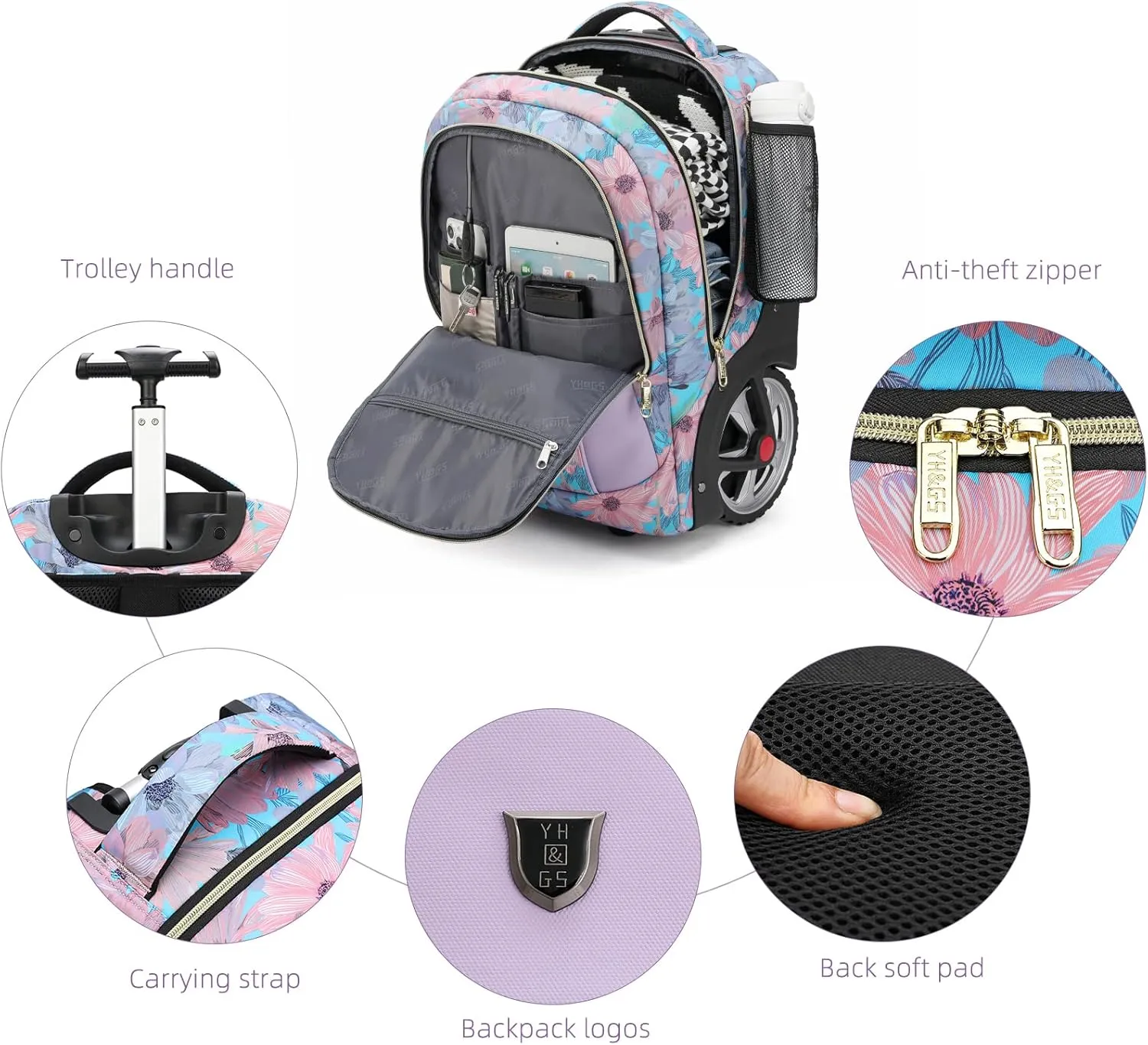 Rolling Backpack, Waterproof Backpack with Wheels for Business, Travel Commuter, Carry on Backpack with Laptop Compartment, Fit 15.6 Inch Laptop, Wheeled Backpack for Adults Women Men (Pink, 20inch)