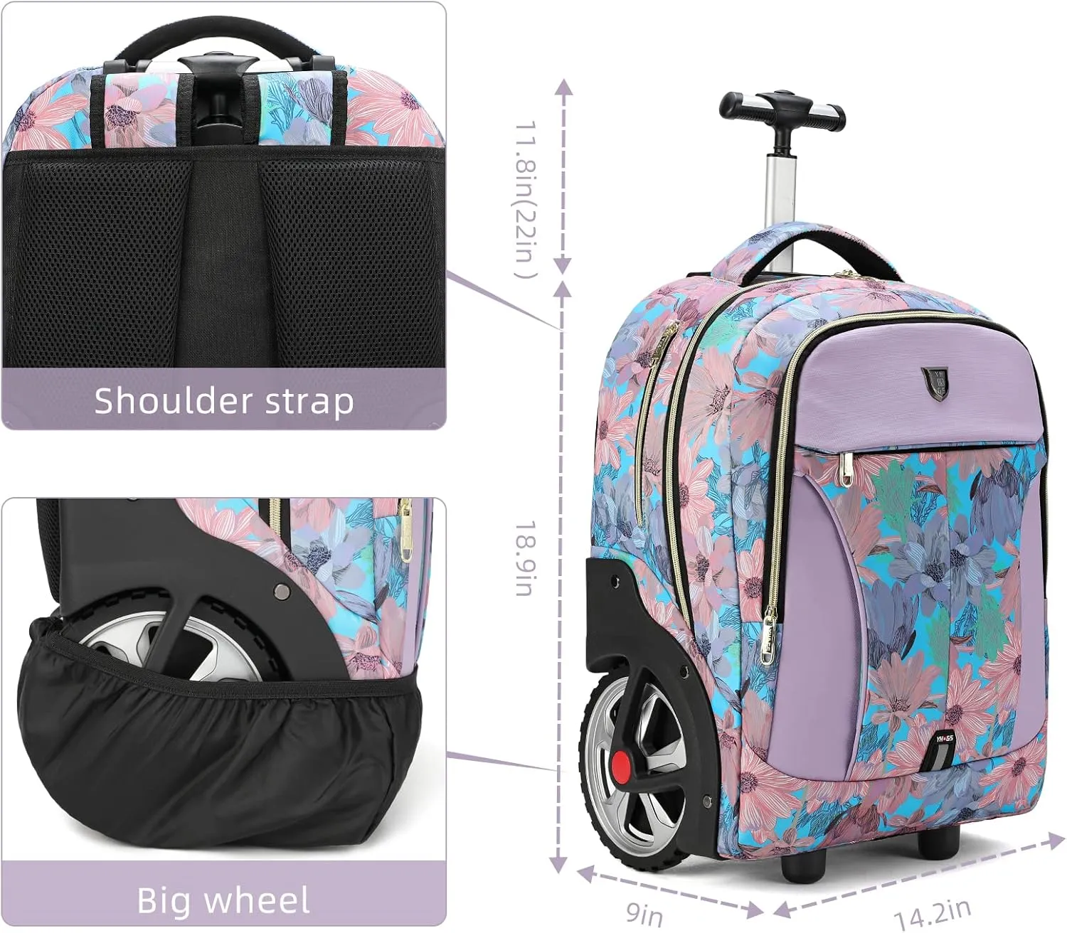 Rolling Backpack, Waterproof Backpack with Wheels for Business, Travel Commuter, Carry on Backpack with Laptop Compartment, Fit 15.6 Inch Laptop, Wheeled Backpack for Adults Women Men (Pink, 20inch)