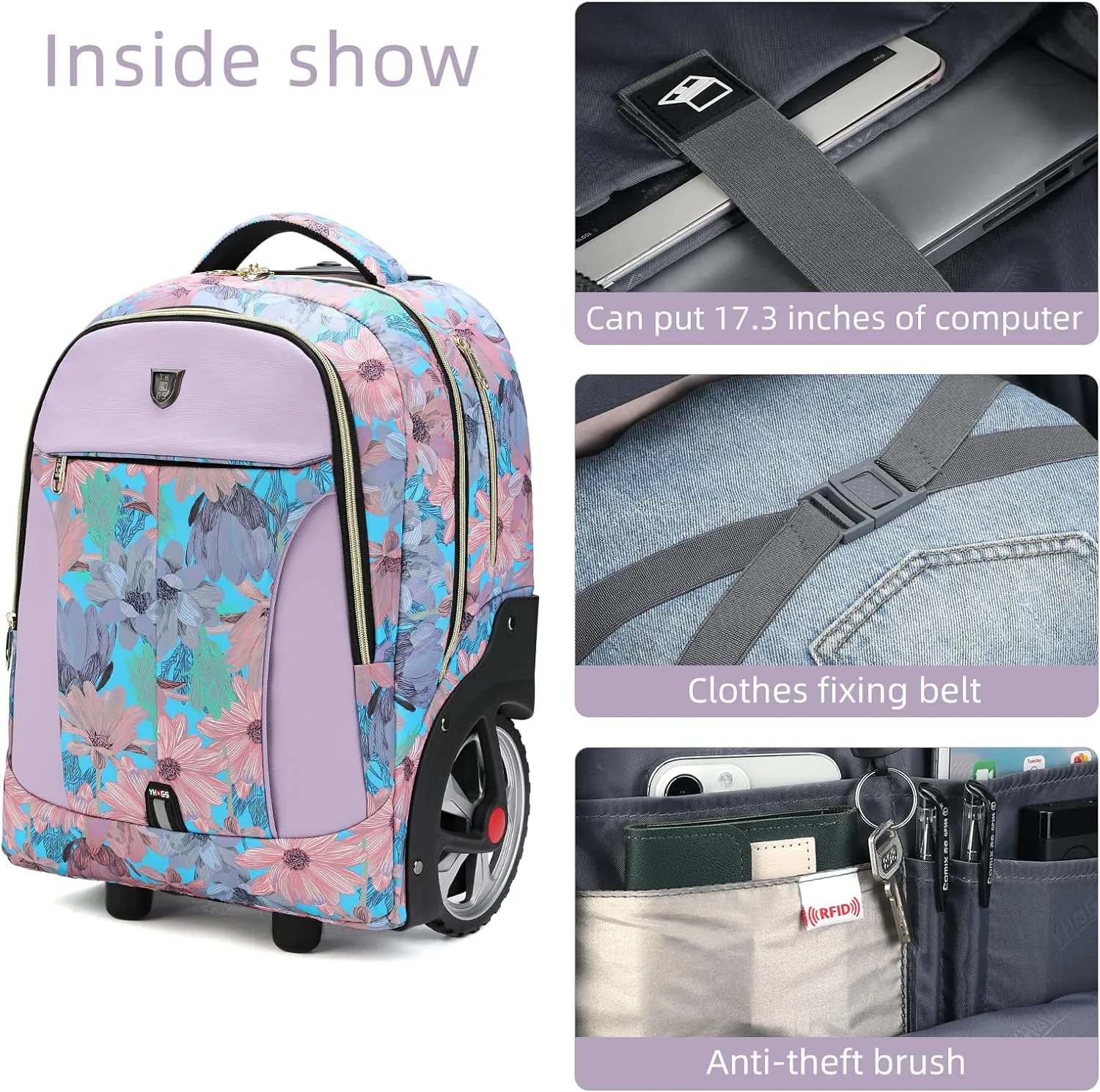 Rolling Backpack, Waterproof Backpack with Wheels for Business, Travel Commuter, Carry on Backpack with Laptop Compartment, Fit 15.6 Inch Laptop, Wheeled Backpack for Adults Women Men (Pink, 20inch)