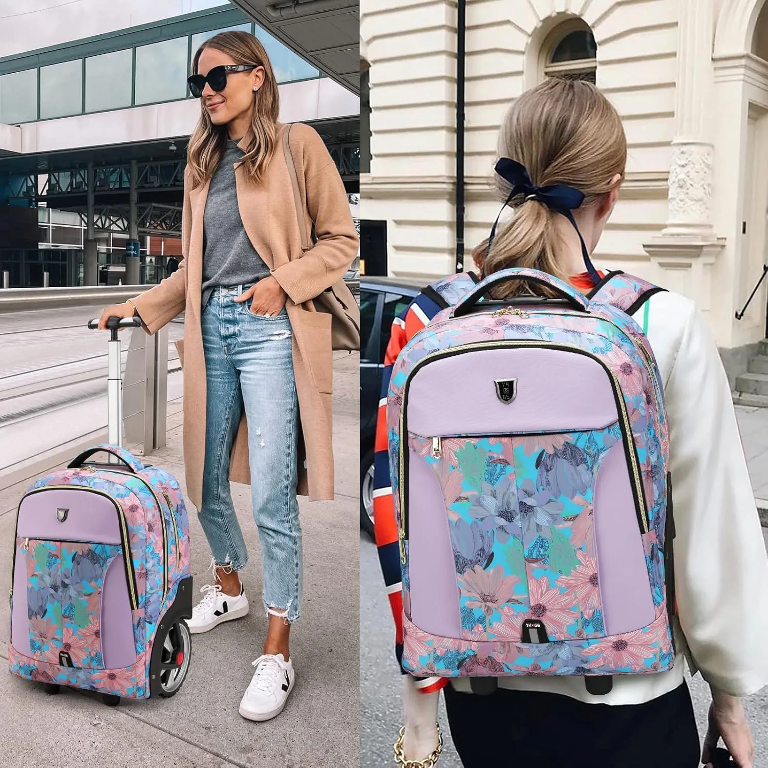 Rolling Backpack, Waterproof Backpack with Wheels for Business, Travel Commuter, Carry on Backpack with Laptop Compartment, Fit 15.6 Inch Laptop, Wheeled Backpack for Adults Women Men (Pink, 20inch)