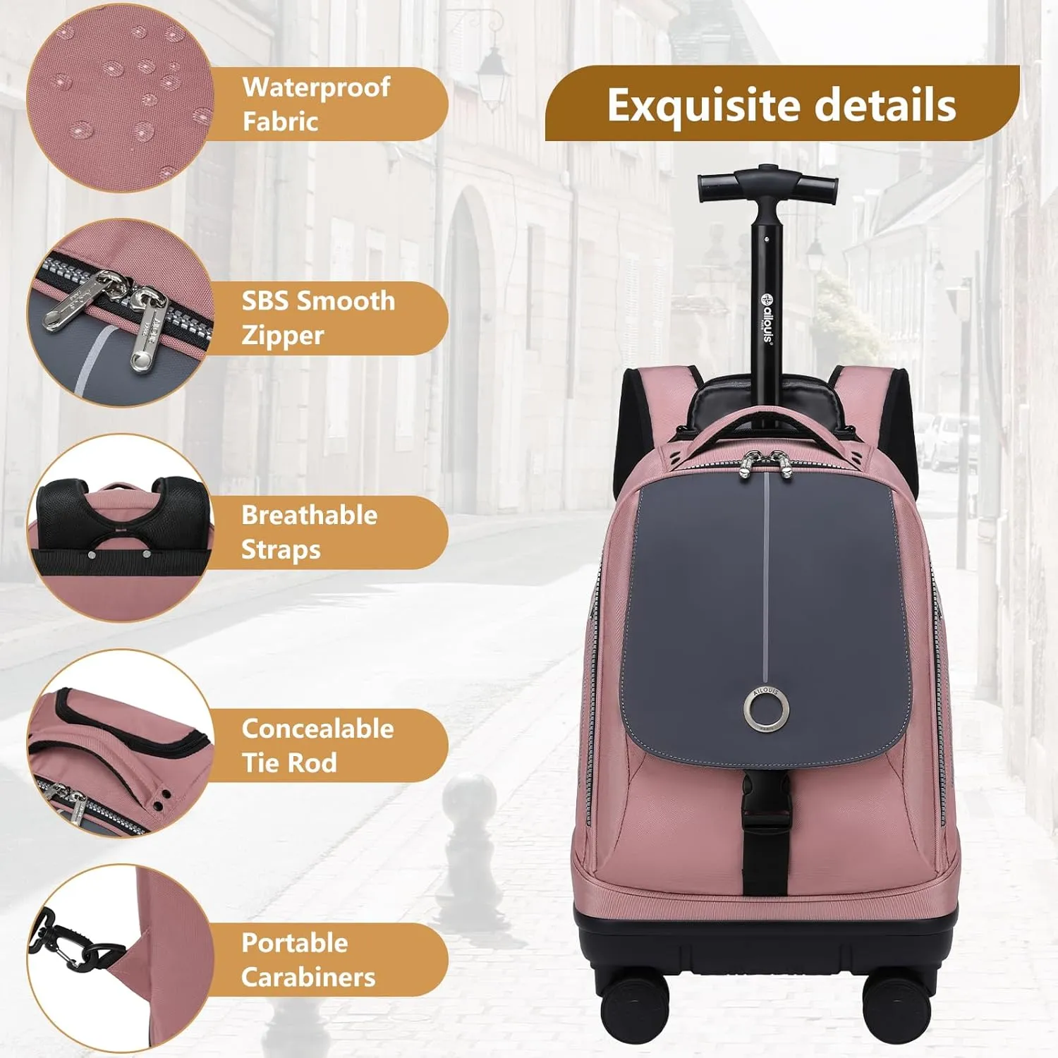 Rolling Backpack with 4 Detachable Wheels 18 Inch Wheeled Laptop Backpack for Men Women Carry on Luggage Business Bag Water Resistant Roller Backpack for Adults to Travel, Pink