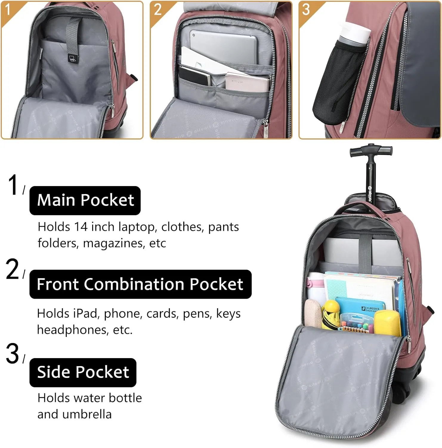Rolling Backpack with 4 Detachable Wheels 18 Inch Wheeled Laptop Backpack for Men Women Carry on Luggage Business Bag Water Resistant Roller Backpack for Adults to Travel, Pink