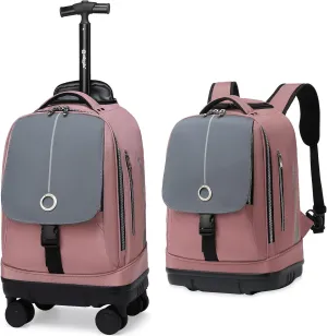Rolling Backpack with 4 Detachable Wheels 18 Inch Wheeled Laptop Backpack for Men Women Carry on Luggage Business Bag Water Resistant Roller Backpack for Adults to Travel, Pink