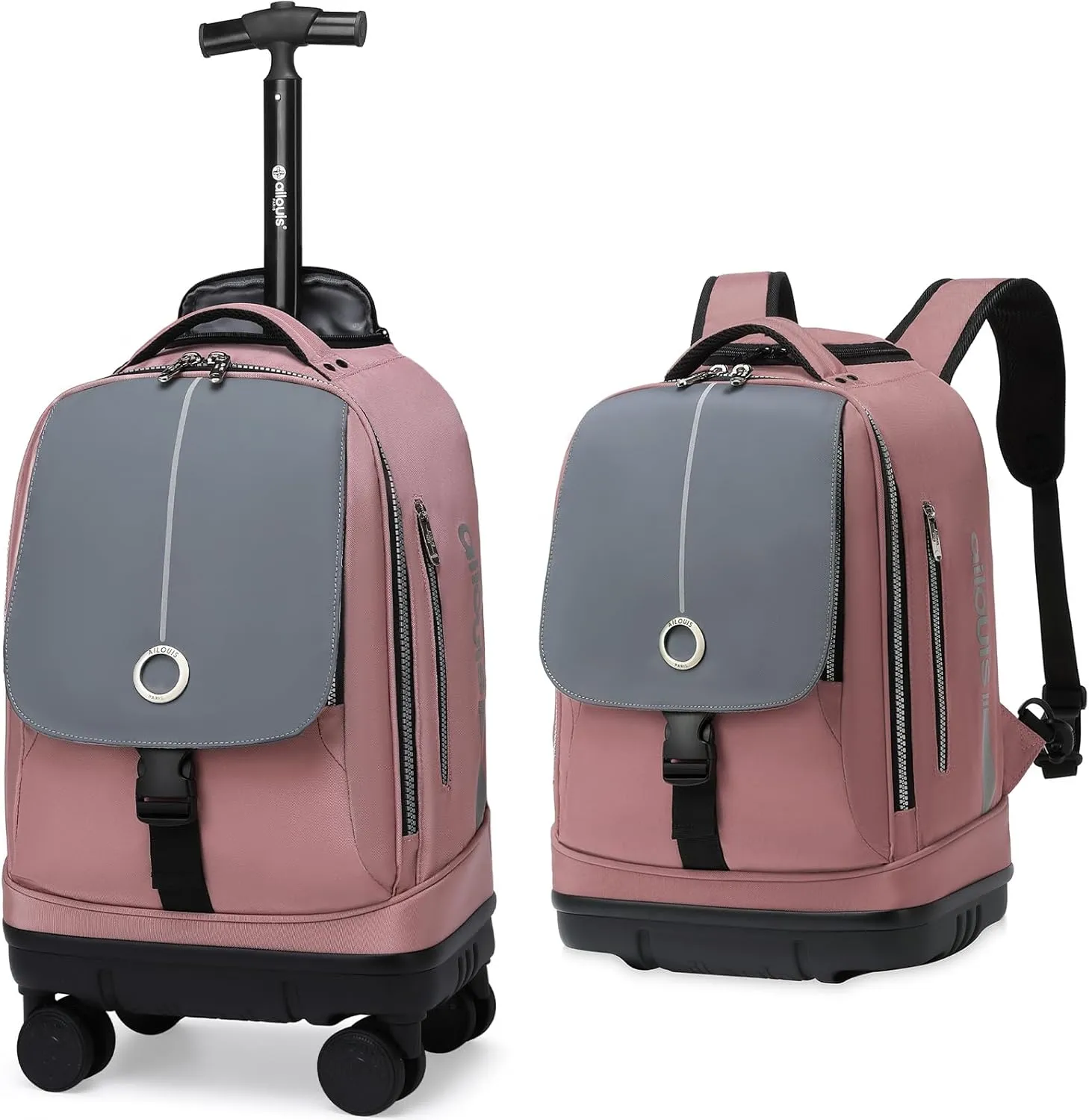 Rolling Backpack with 4 Detachable Wheels 18 Inch Wheeled Laptop Backpack for Men Women Carry on Luggage Business Bag Water Resistant Roller Backpack for Adults to Travel, Pink