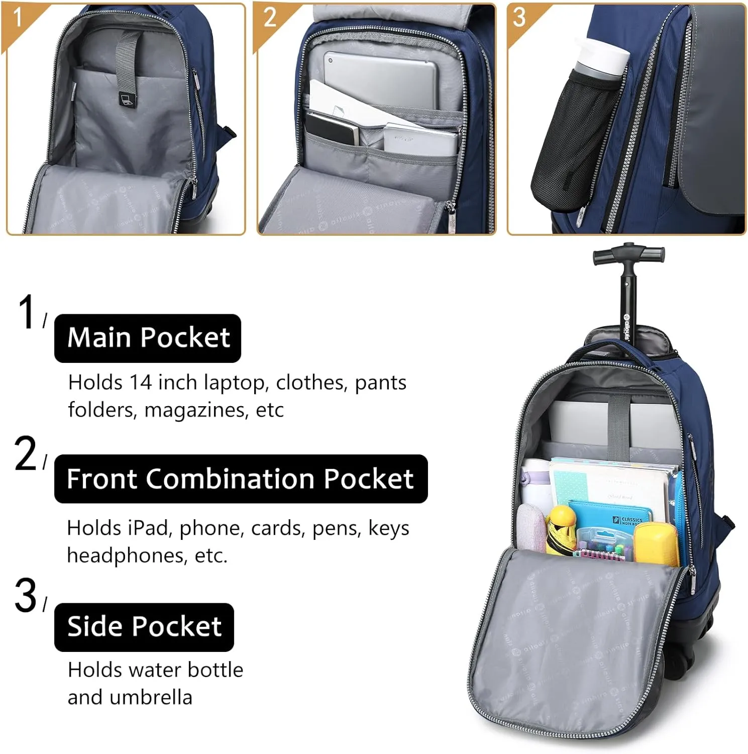 Rolling Backpack with Detachable Wheels 18 Inch Roller Backpack for Men Women Waterproof Travel Wheeled Laptop bag