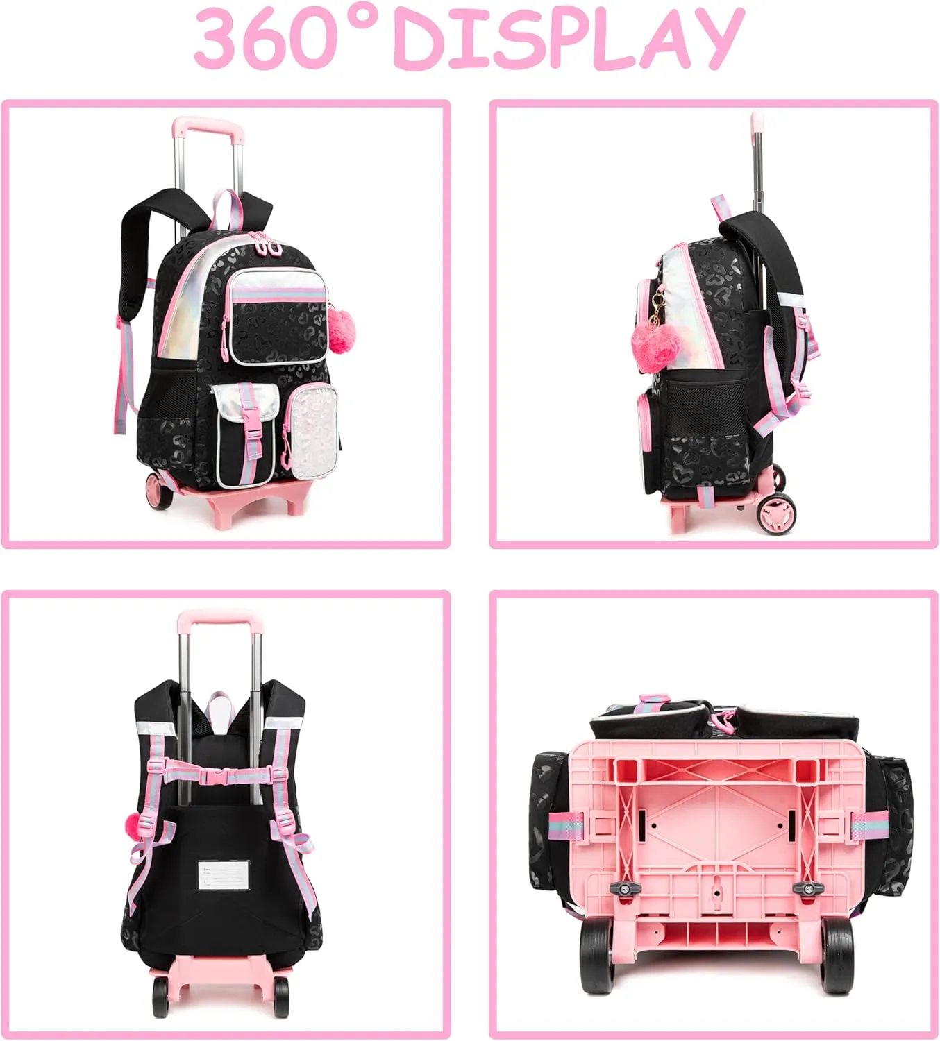 Rolling Backpack with Lunch Box and Pencil Case for School Backpack with Wheels Girls Backpack with Lunch Box Set Kids Suitcase for Girls Wheeled School Bag for Girls Wheeled Bookbag for Kids