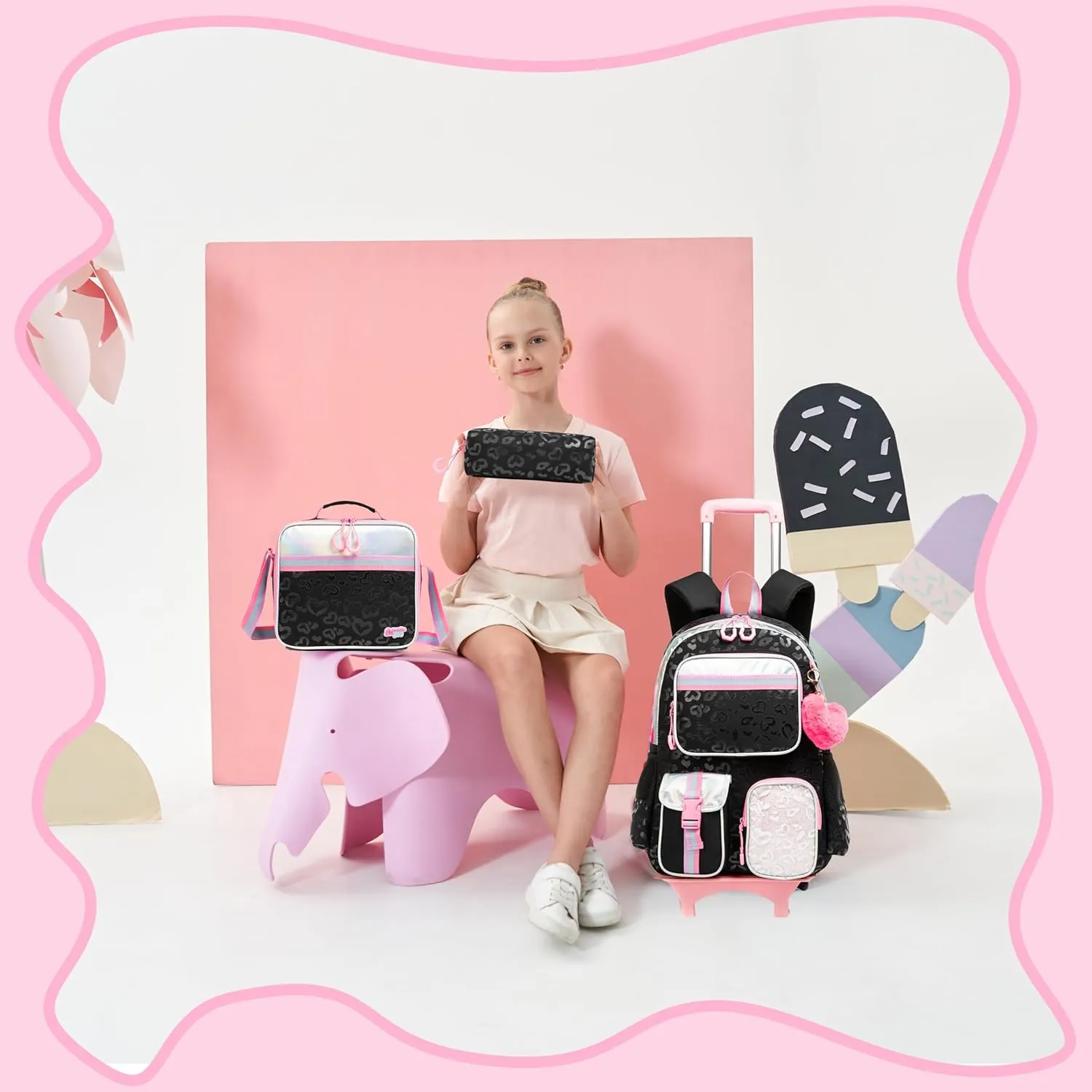 Rolling Backpack with Lunch Box and Pencil Case for School Backpack with Wheels Girls Backpack with Lunch Box Set Kids Suitcase for Girls Wheeled School Bag for Girls Wheeled Bookbag for Kids