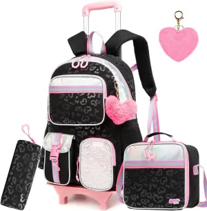 Rolling Backpack with Lunch Box and Pencil Case for School Backpack with Wheels Girls Backpack with Lunch Box Set Kids Suitcase for Girls Wheeled School Bag for Girls Wheeled Bookbag for Kids