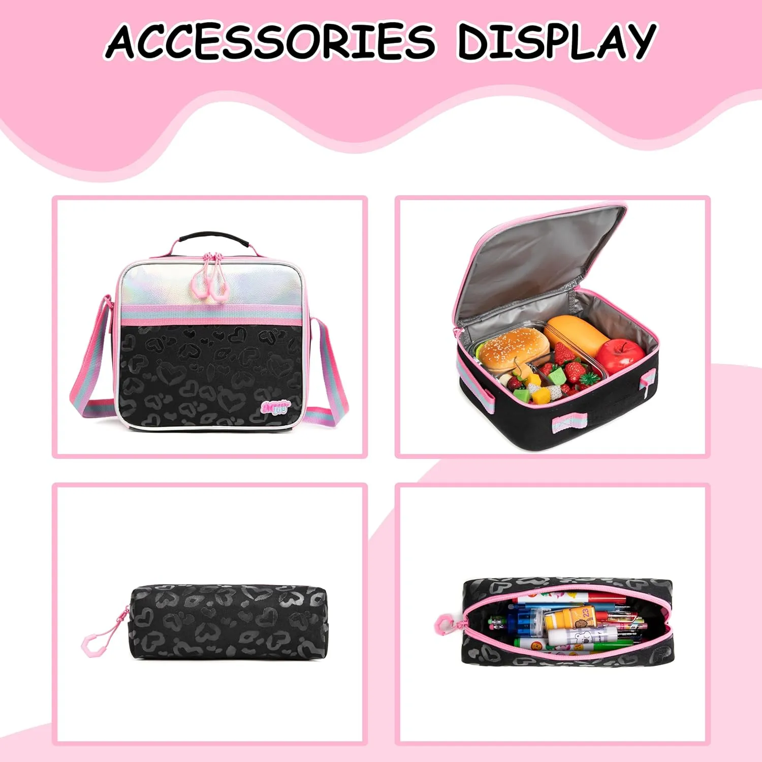 Rolling Backpack with Lunch Box and Pencil Case for School Backpack with Wheels Girls Backpack with Lunch Box Set Kids Suitcase for Girls Wheeled School Bag for Girls Wheeled Bookbag for Kids