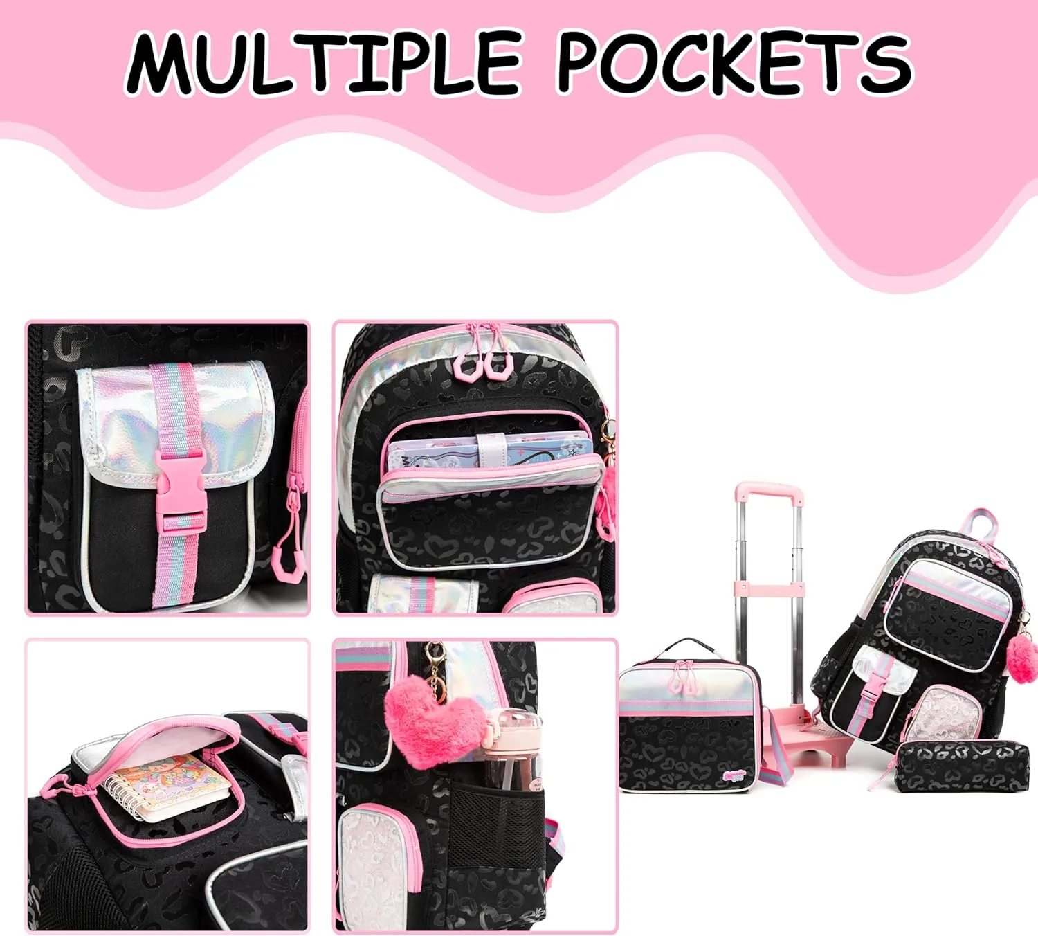 Rolling Backpack with Lunch Box and Pencil Case for School Backpack with Wheels Girls Backpack with Lunch Box Set Kids Suitcase for Girls Wheeled School Bag for Girls Wheeled Bookbag for Kids