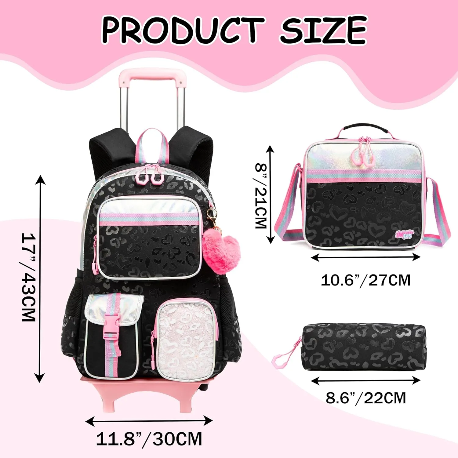 Rolling Backpack with Lunch Box and Pencil Case for School Backpack with Wheels Girls Backpack with Lunch Box Set Kids Suitcase for Girls Wheeled School Bag for Girls Wheeled Bookbag for Kids