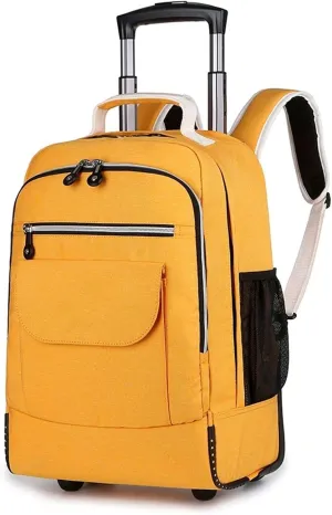Rolling Backpack with Wheels, Travel Laptop Bag, Multiple Storage Pockets, Hidden Pull Bar(Yellow)