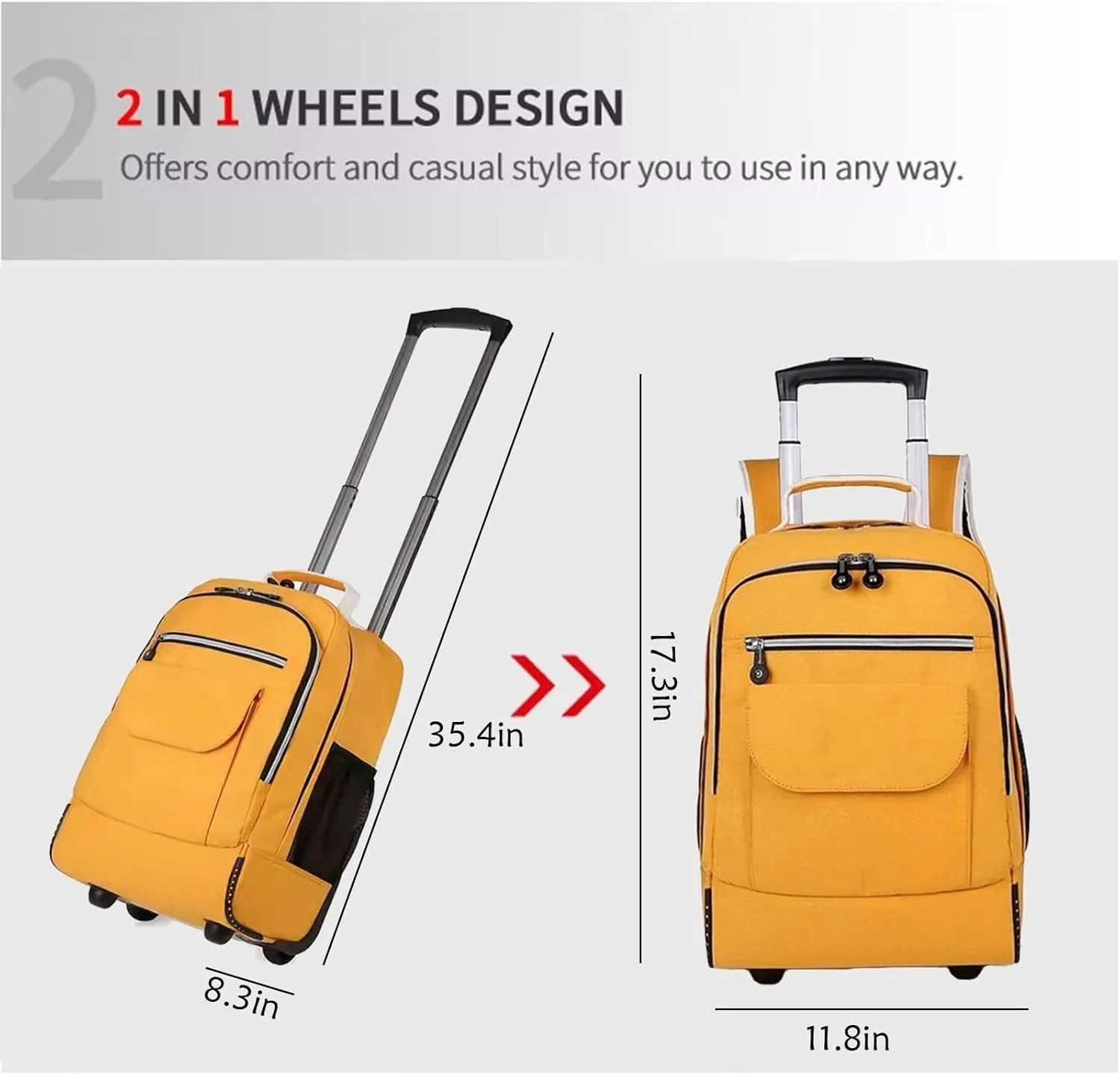 Rolling Backpack with Wheels, Travel Laptop Bag, Multiple Storage Pockets, Hidden Pull Bar(Yellow)