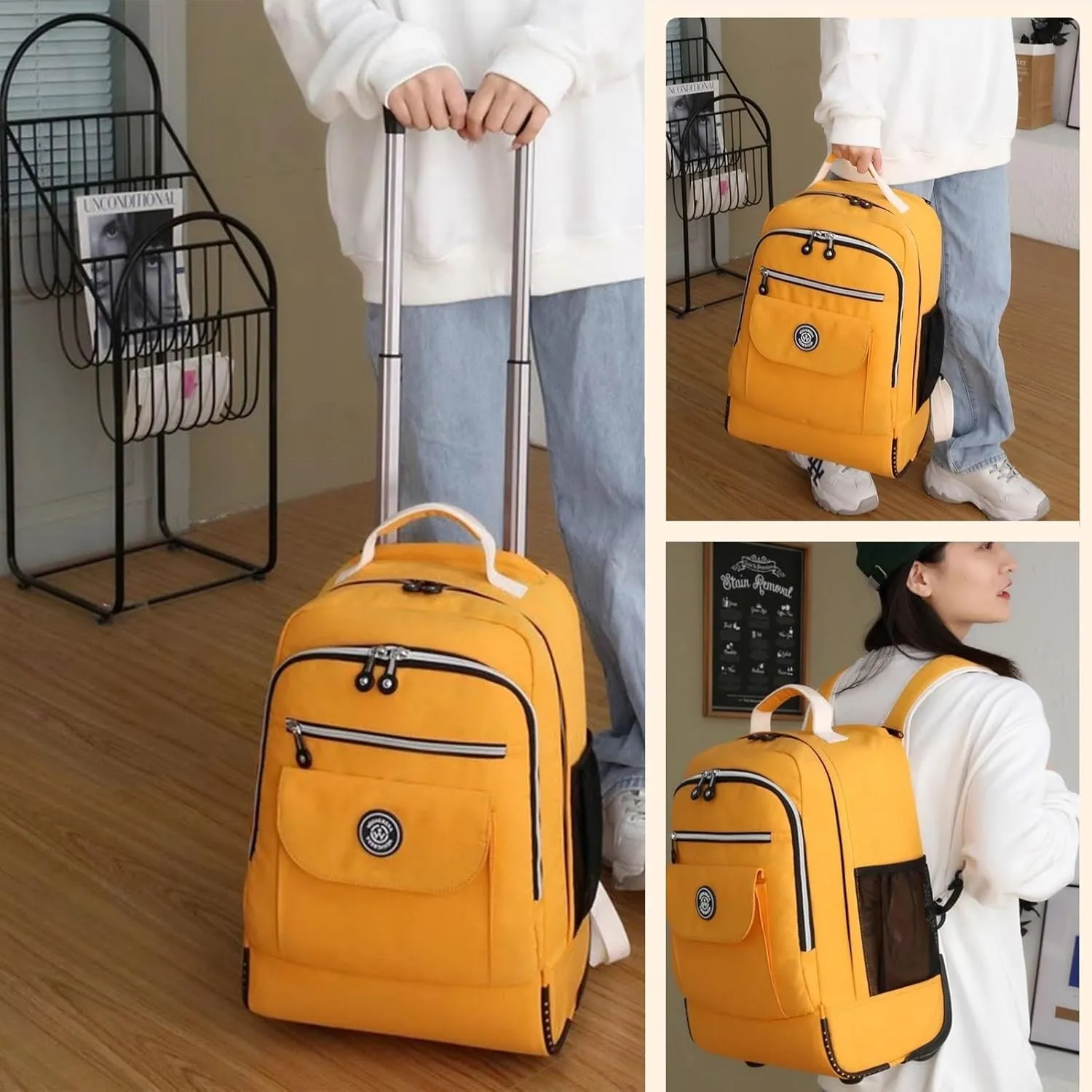Rolling Backpack with Wheels, Travel Laptop Bag, Multiple Storage Pockets, Hidden Pull Bar(Yellow)