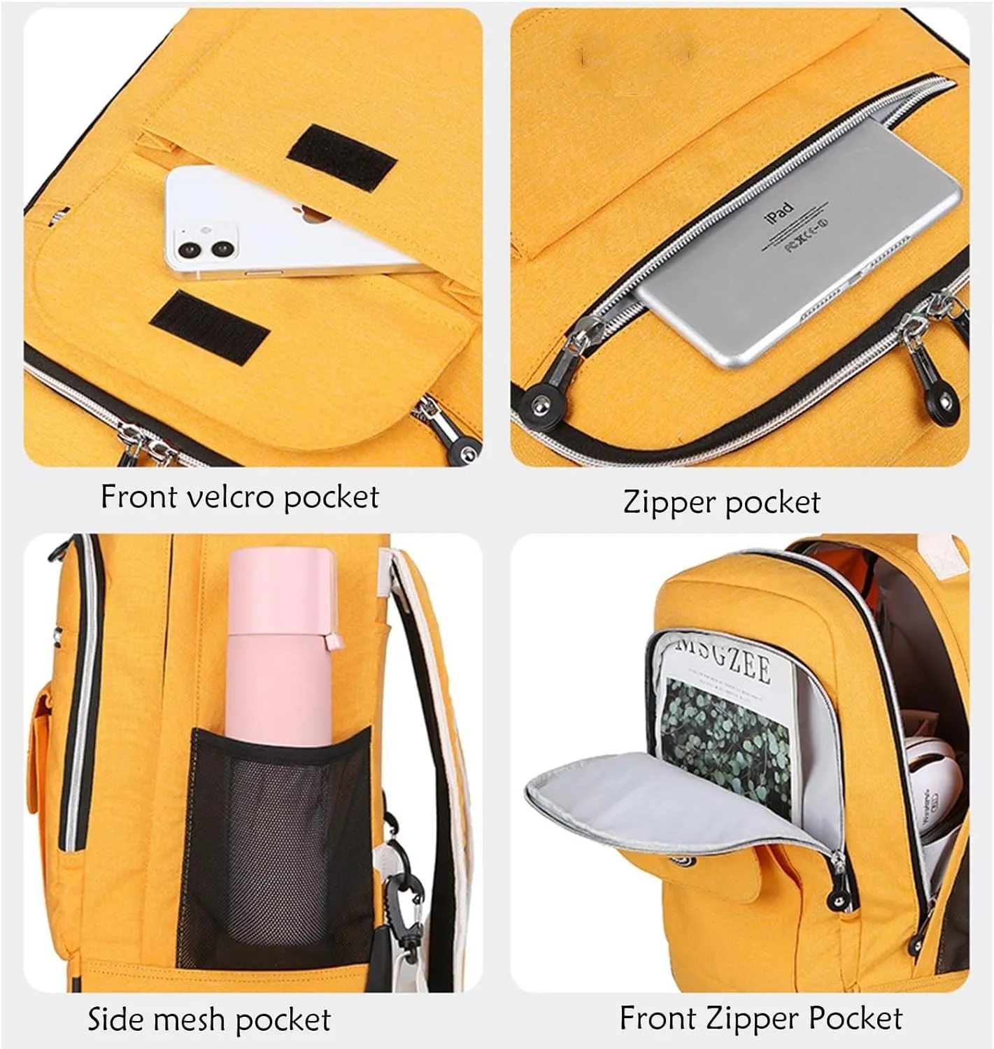 Rolling Backpack with Wheels, Travel Laptop Bag, Multiple Storage Pockets, Hidden Pull Bar(Yellow)