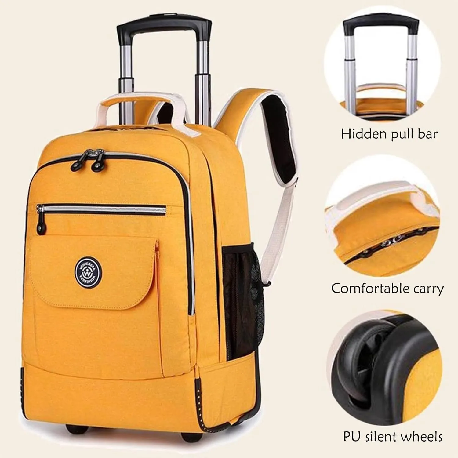 Rolling Backpack with Wheels, Travel Laptop Bag, Multiple Storage Pockets, Hidden Pull Bar(Yellow)