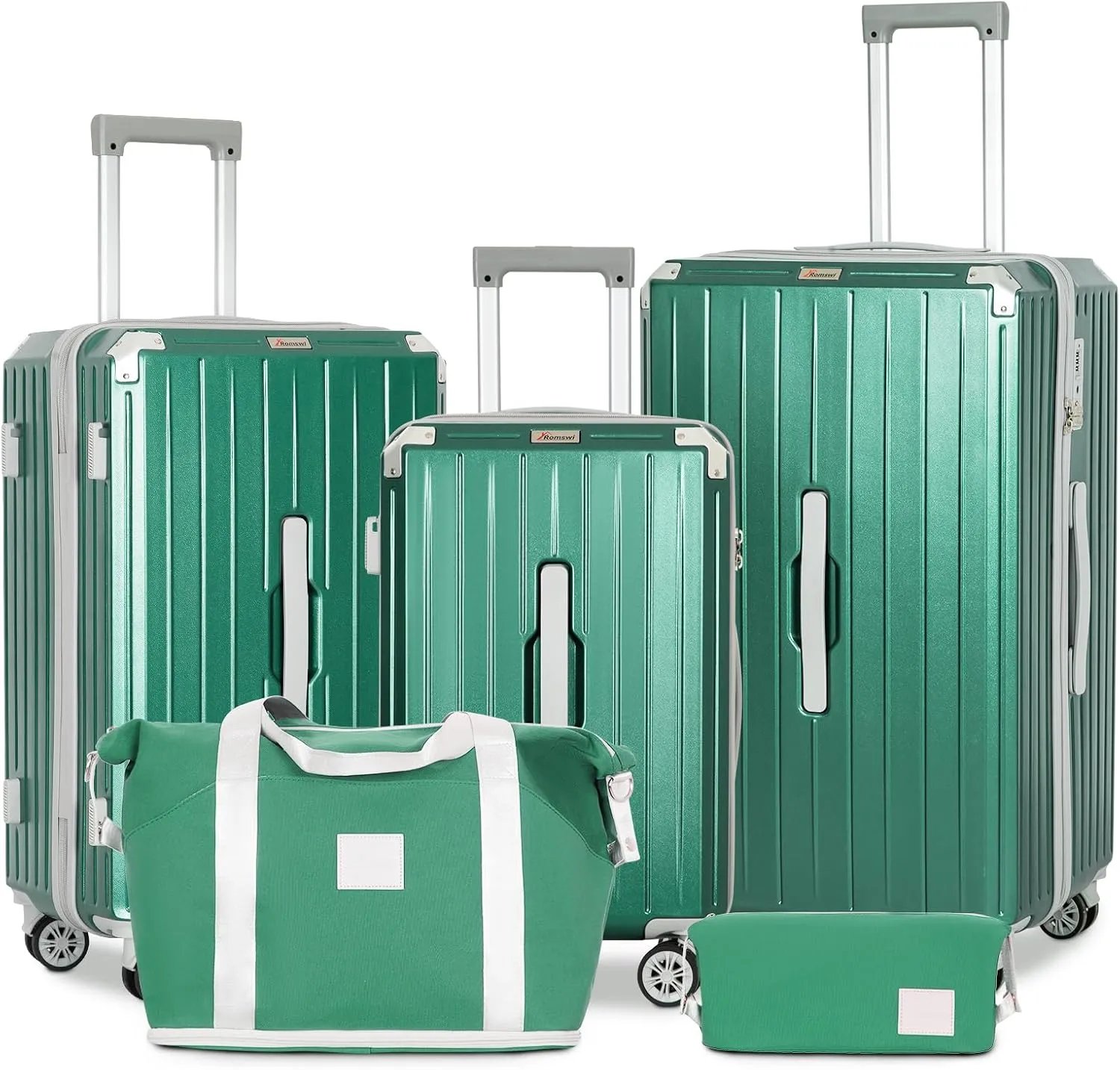 Romswi 5-Piece Luggage Set with Cup Holder TSA Lock, 20" 24" 28" Hardside Spinner Suitcase with Duffel Bag, Lightweight Durable PC ABS Sage Green Travel Luggage