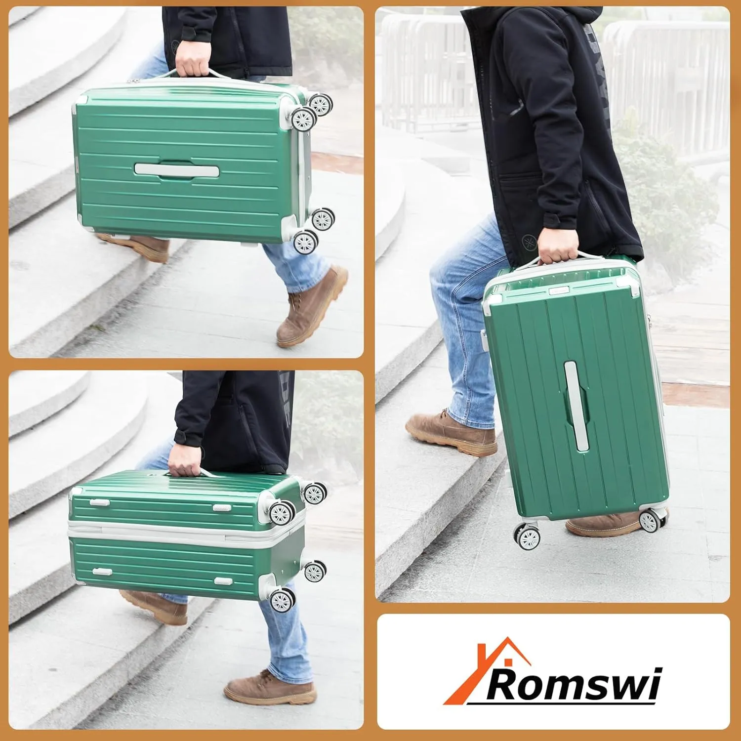 Romswi 5-Piece Luggage Set with Cup Holder TSA Lock, 20" 24" 28" Hardside Spinner Suitcase with Duffel Bag, Lightweight Durable PC ABS Sage Green Travel Luggage