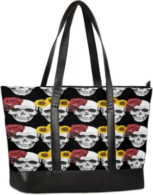 Rose Sunflower Skulls Laptop Tote Bag for Women Lightweight Work Purse with Multiple Compartments Fits 13-15.6 Inch Laptop Tablet Shoulder Bag for Office Travel Daily Use