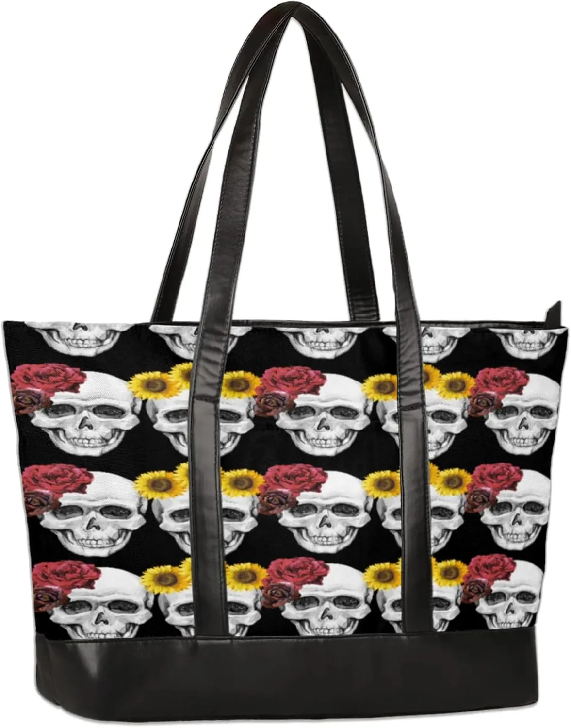 Rose Sunflower Skulls Laptop Tote Bag for Women Lightweight Work Purse with Multiple Compartments Fits 13-15.6 Inch Laptop Tablet Shoulder Bag for Office Travel Daily Use