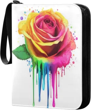 Rose with Colorful Paint Cards Binder 4 Pocket Fits 400 Cards with 50 Removable Sleevesves, Trading Card Collector Zipper Album Holder Portable Card Games Display Storage Cases