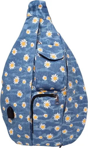 Rucksack Bag, Anti-Theft Crossbody Sling, Backpack, Light Blue Daisy