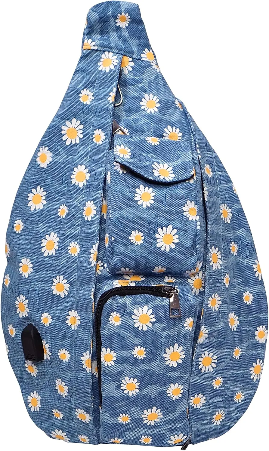 Rucksack Bag, Anti-Theft Crossbody Sling, Backpack, Light Blue Daisy