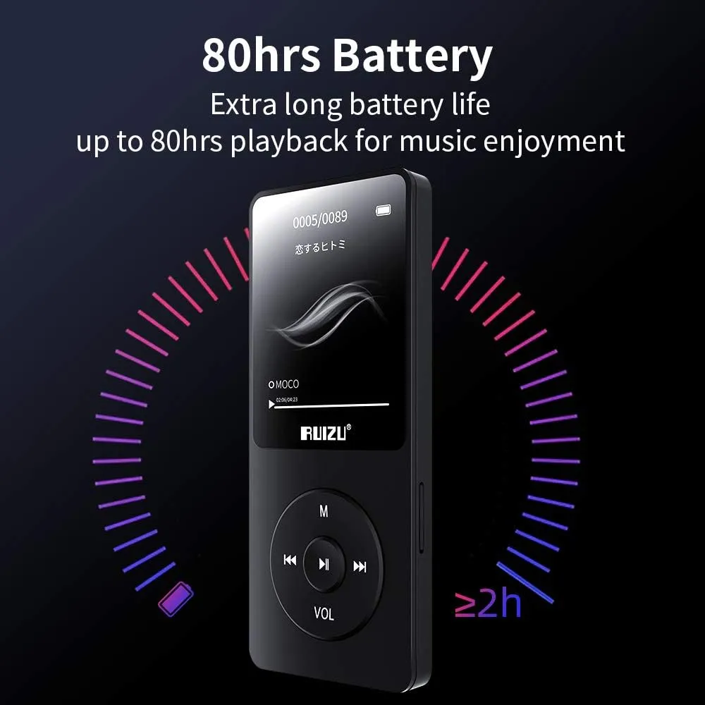RUIZU 64GB MP3 Player with Bluetooth 5.3, Portable Music Player for Kids Sports Running, FM Radio, Voice Recorder, Equalizer, 80H Digital Audio Video Shuffle Resume Playback, Up to 128GB Micro SD Card