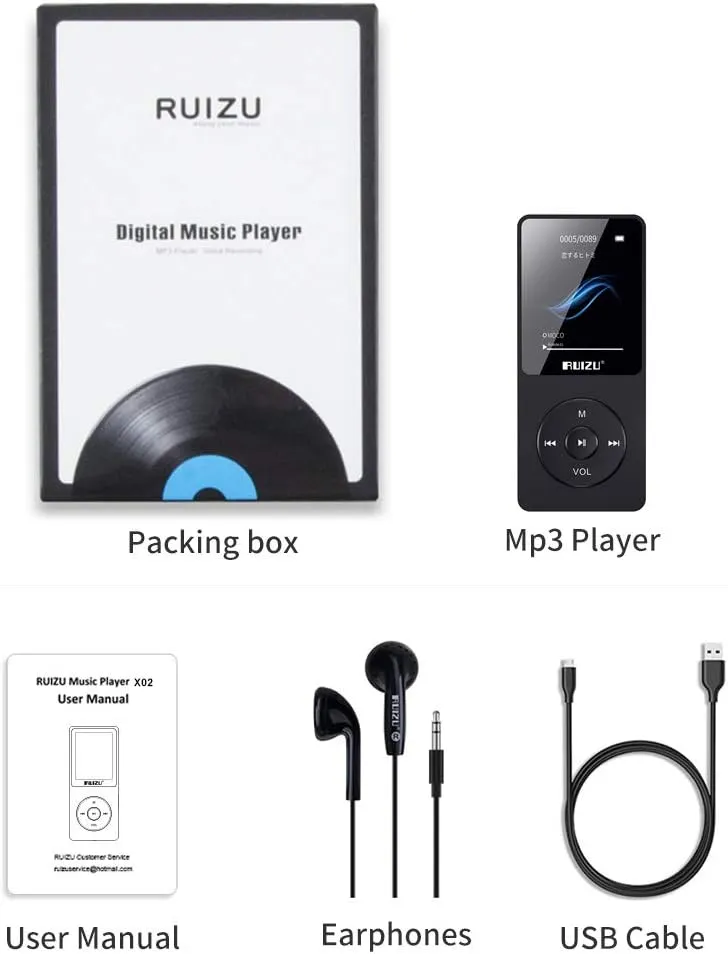 RUIZU 64GB MP3 Player with Bluetooth 5.3, Portable Music Player for Kids Sports Running, FM Radio, Voice Recorder, Equalizer, 80H Digital Audio Video Shuffle Resume Playback, Up to 128GB Micro SD Card