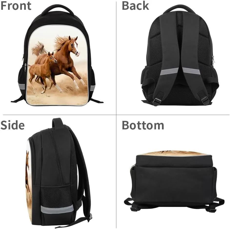 Running Horse School Backpack Elementary Middle School Students Laptop Bookbag Double Layer Bagpack with reflective stripe