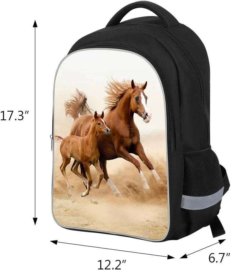 Running Horse School Backpack Elementary Middle School Students Laptop Bookbag Double Layer Bagpack with reflective stripe