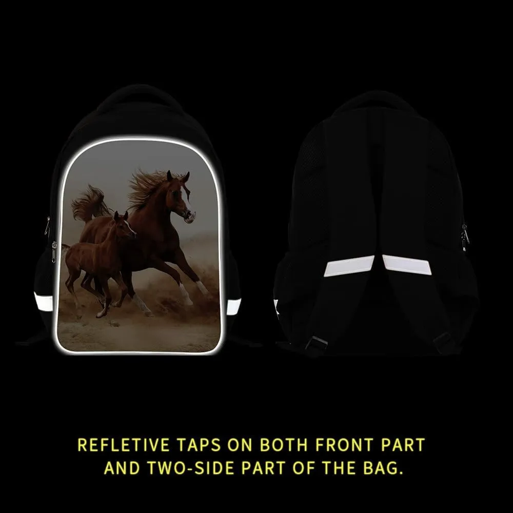 Running Horse School Backpack Elementary Middle School Students Laptop Bookbag Double Layer Bagpack with reflective stripe