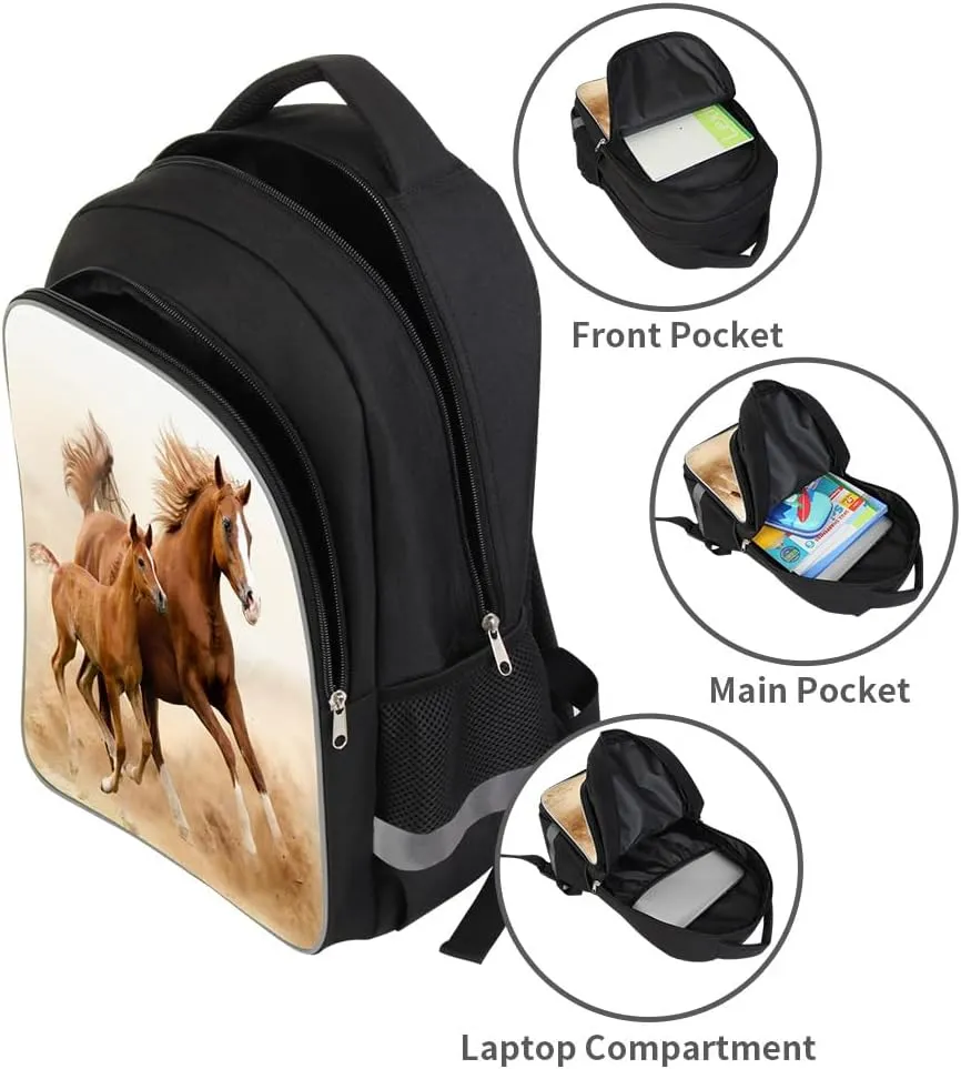 Running Horse School Backpack Elementary Middle School Students Laptop Bookbag Double Layer Bagpack with reflective stripe