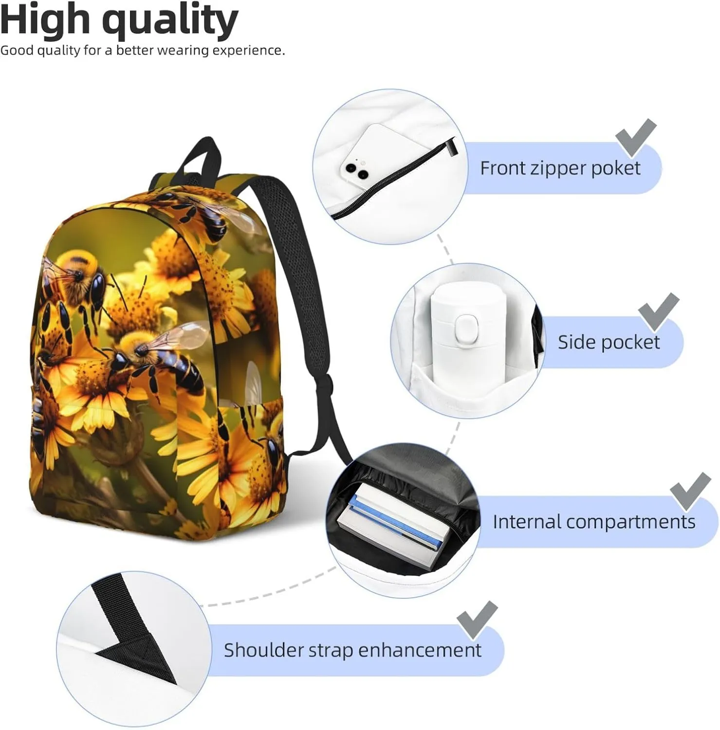 Rural Honey Bees flowers print Duffel Bag, Lightweight Duffel Bag, Casual Backpack, 17.7 x 6.3 x 12.2 inches