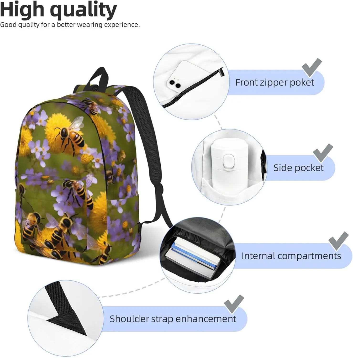 Rural Honey Bees Wildflowers print Duffel Bag, Lightweight Duffel Bag, Casual Backpack, 17.7 x 6.3 x 12.2 inches