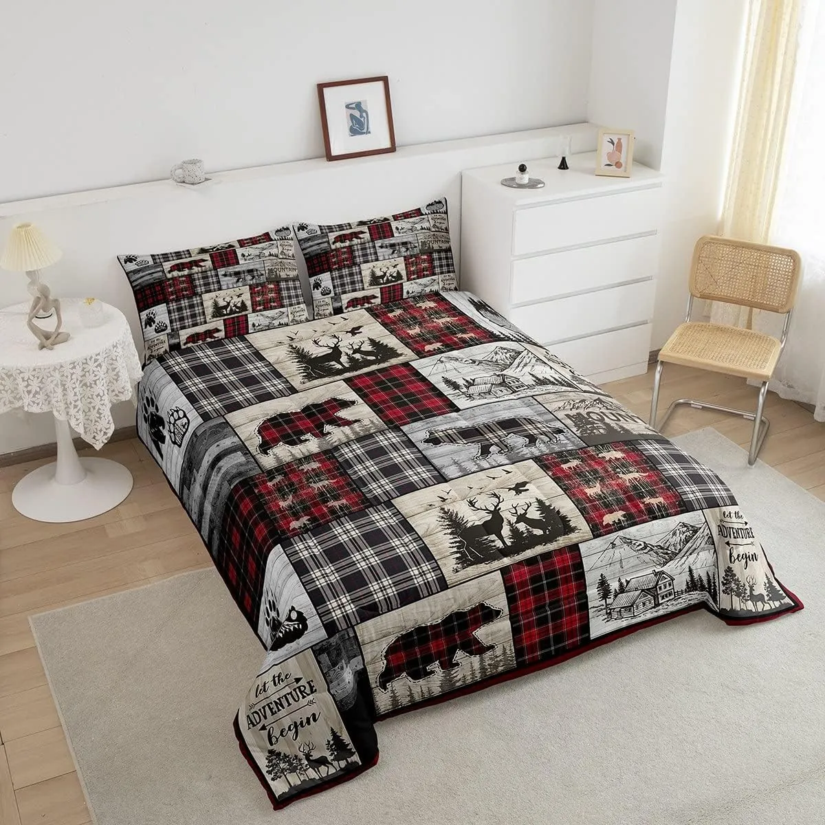 Rustic Cabin Comforter Set Full Woodland Wolf Deer Bear Comforter For Kids Adults,Red Black Buffalo Plaid Bedding Set Wildlife Camping Lodge Mountain Quilt Bedding Southwestern Farmhouse Decor